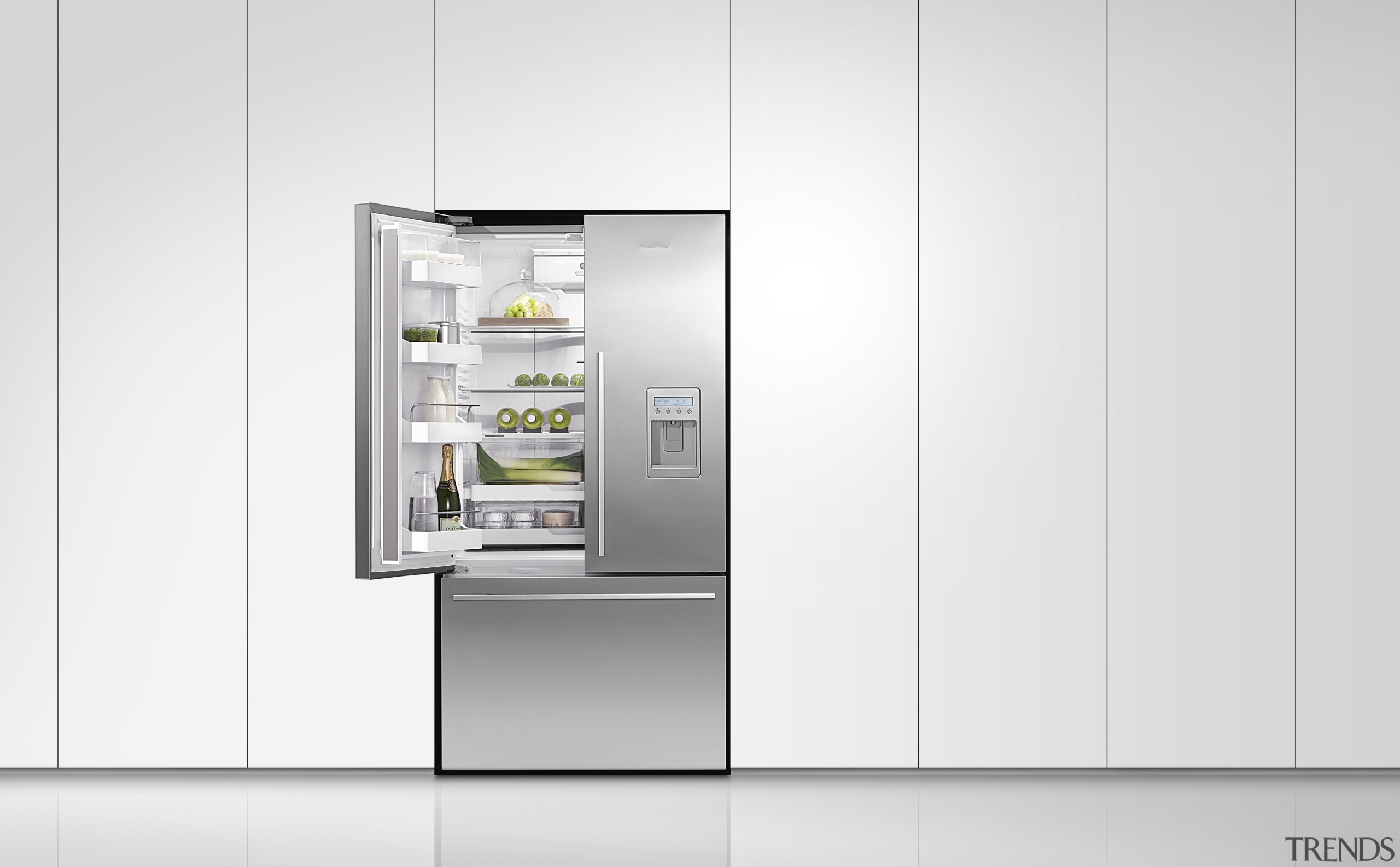 View of fridge with one door open. - home appliance, kitchen appliance, major appliance, product, product design, refrigerator, white