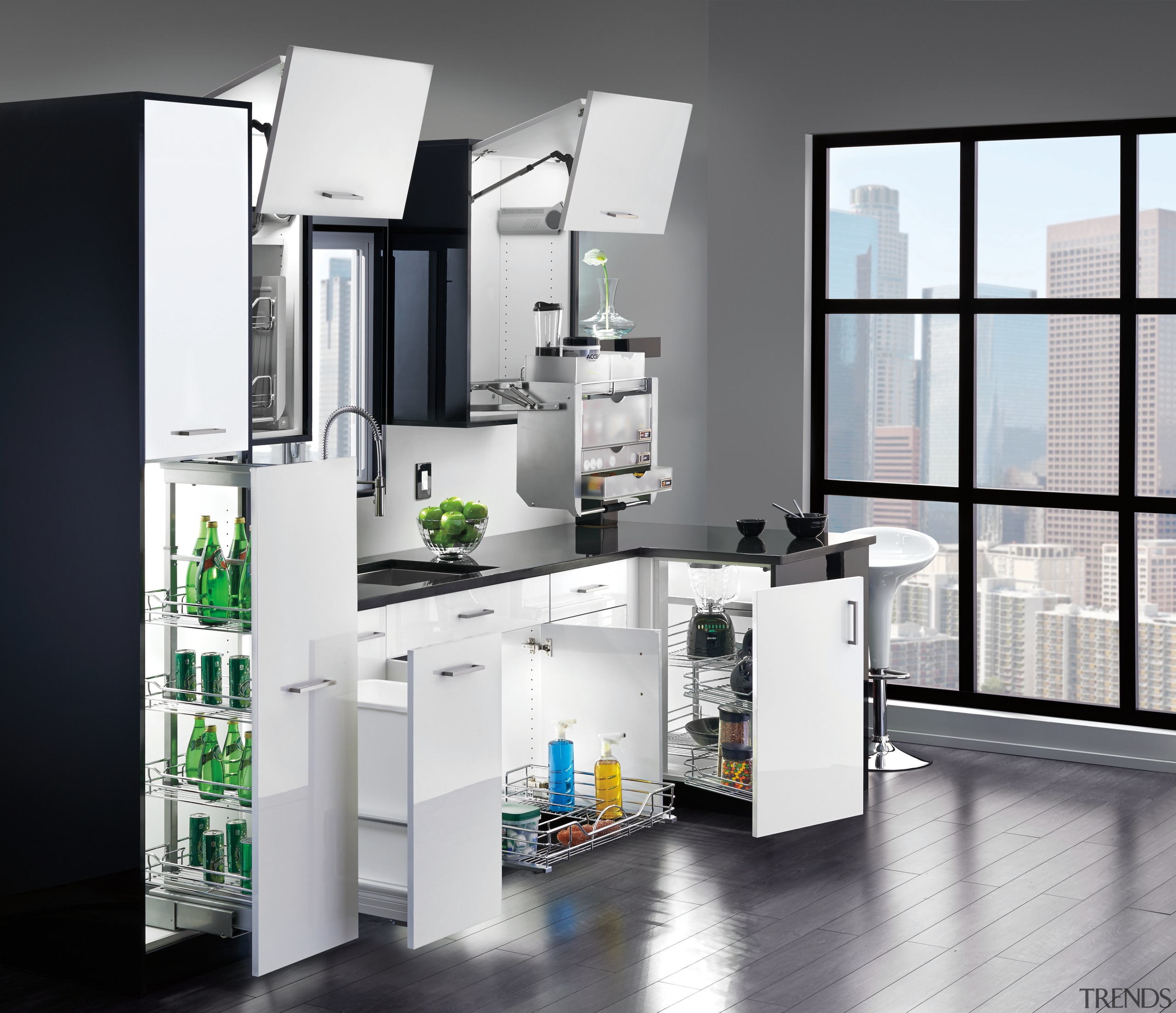 These kitchens show how Rev-A-Shelfs innovative storage products furniture, kitchen, product, product design, shelving, white, gray