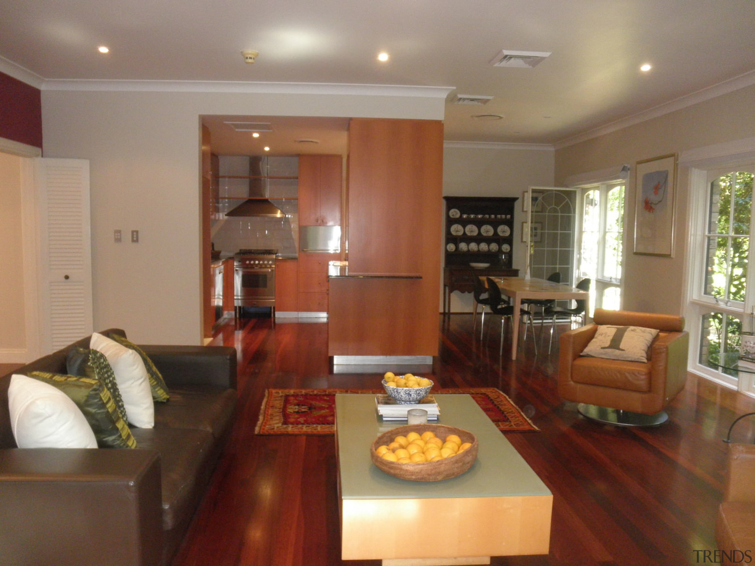 Prior to renovation by Bijl Architecture, this existing ceiling, interior design, kitchen, living room, property, real estate, room, brown, gray