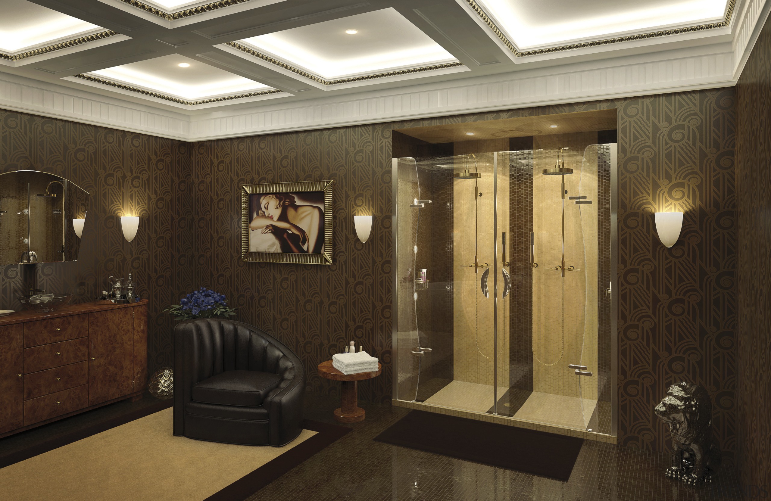 View of a high-end bathroom which features a ceiling, interior design, lobby, room, brown