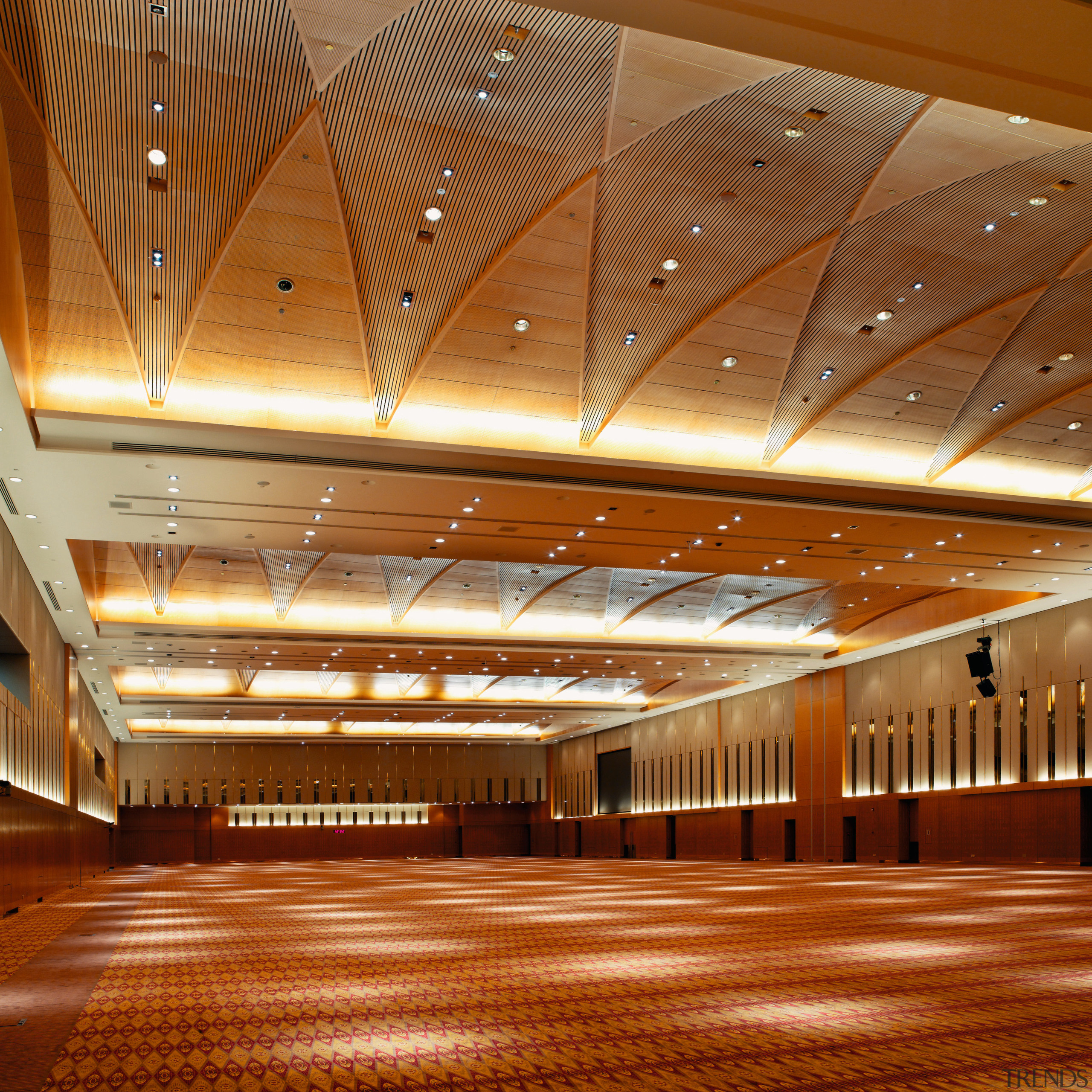 view of the grand ballroom that can accomodate architecture, auditorium, ballroom, ceiling, convention center, daylighting, function hall, hall, interior design, light, lighting, line, lobby, performing arts center, structure, symmetry, wood, brown