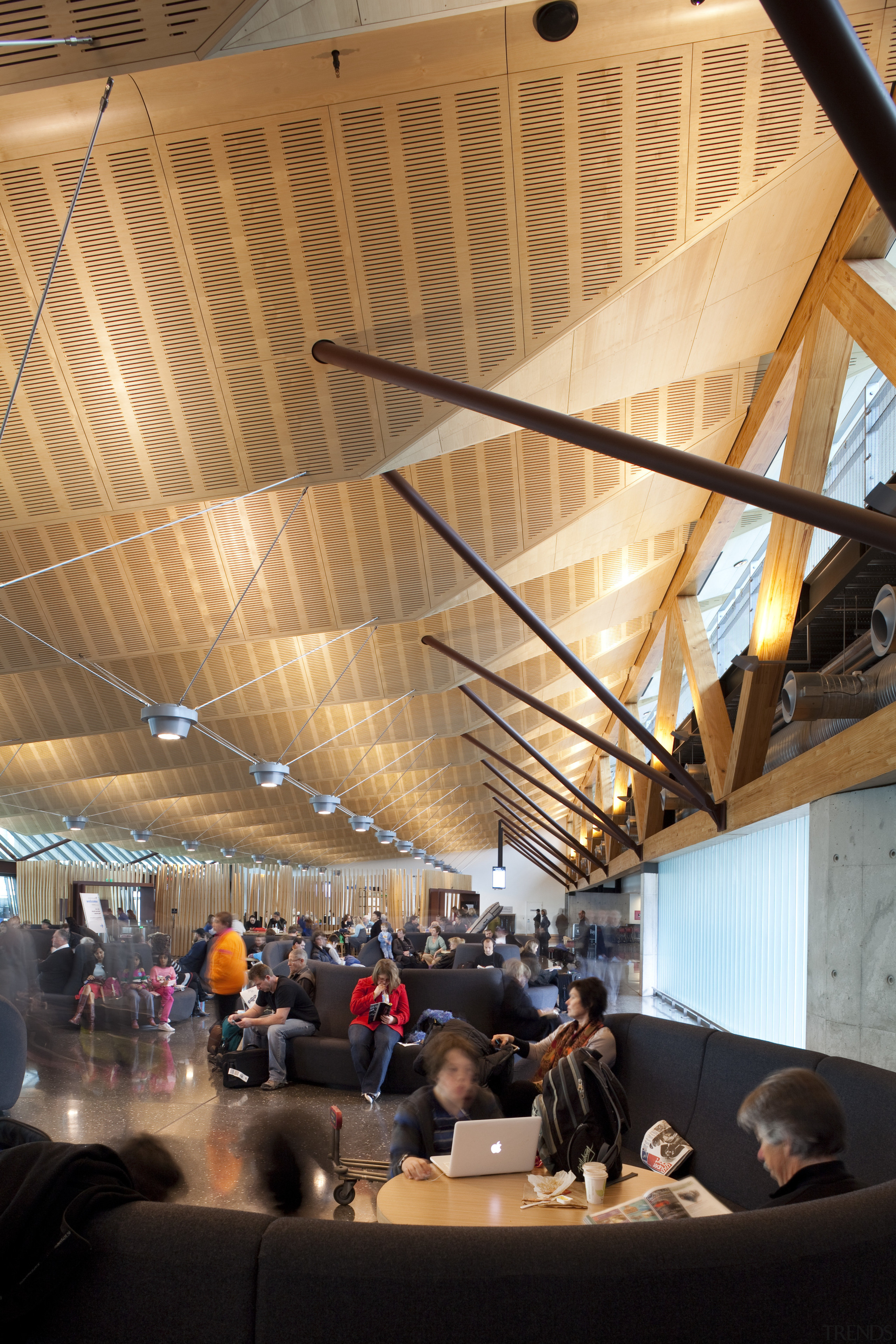 View of the interior of Christchurch Airport. Organic architecture, ceiling, daylighting, interior design, orange, black