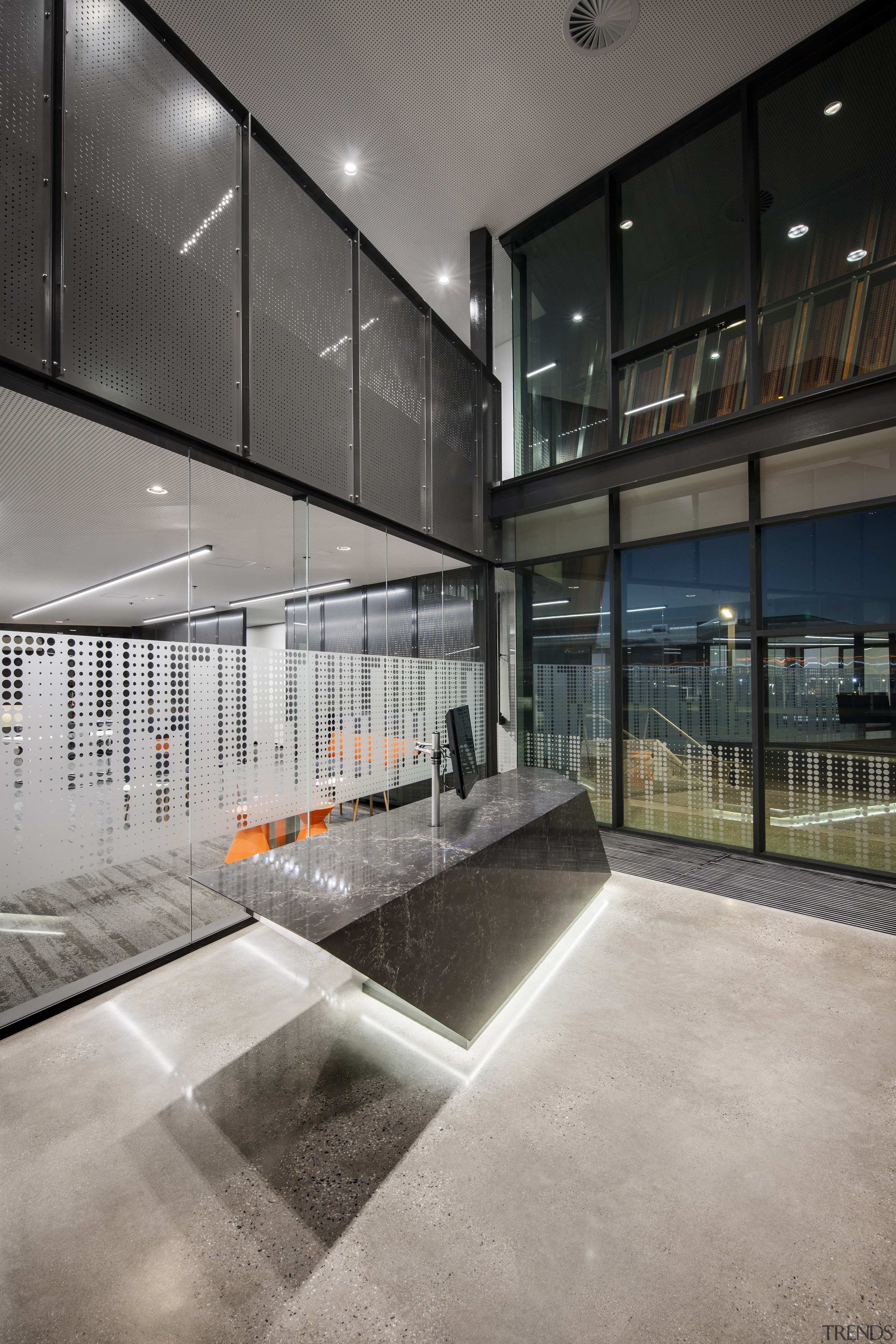 The unmanned reception desk in the drill core architecture, daylighting, glass, house, interior design, lobby, real estate, gray, black