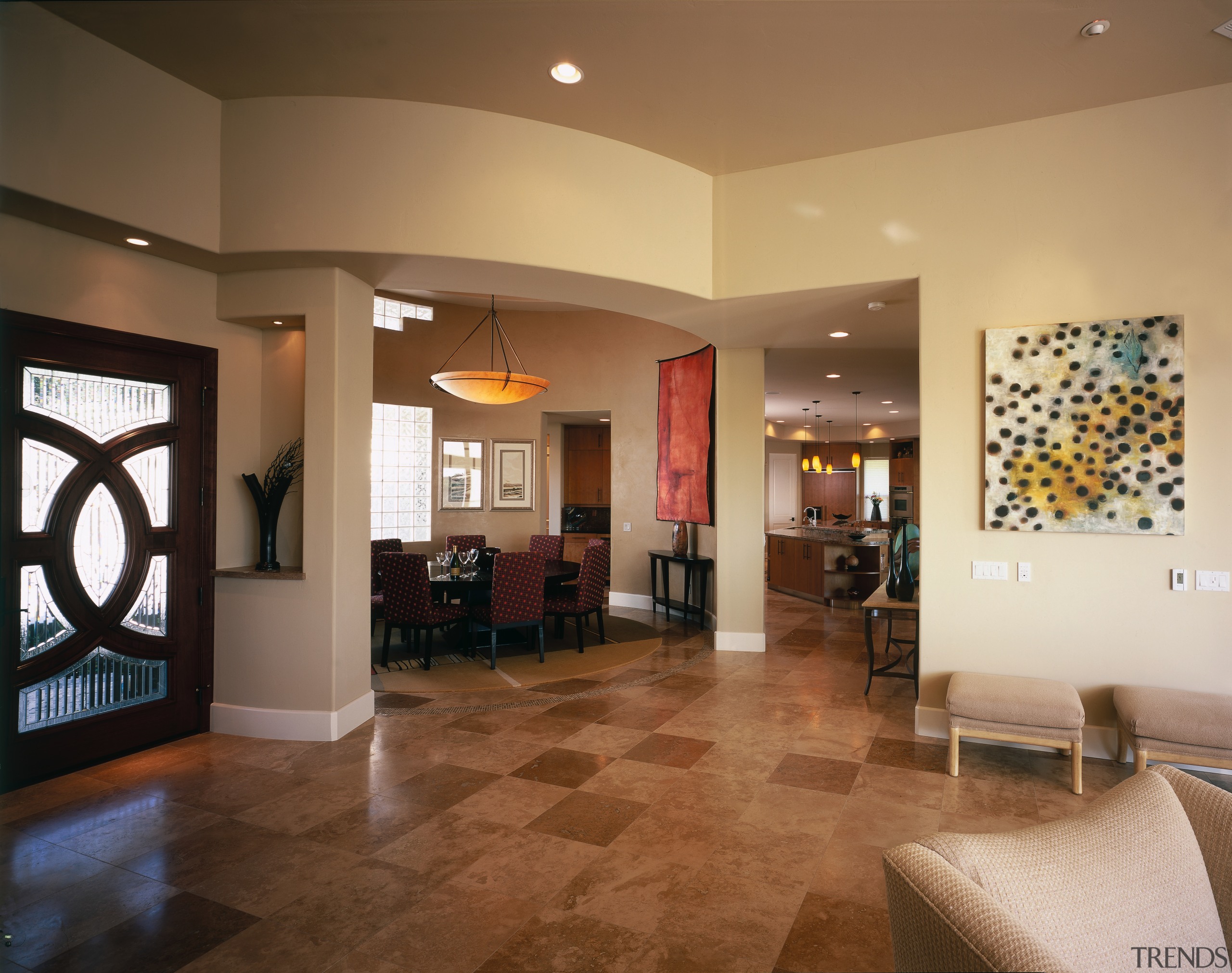 view of this kitchen featuring walnut coliseum Stone, ceiling, estate, floor, flooring, home, interior design, living room, lobby, property, real estate, room, wood flooring, brown