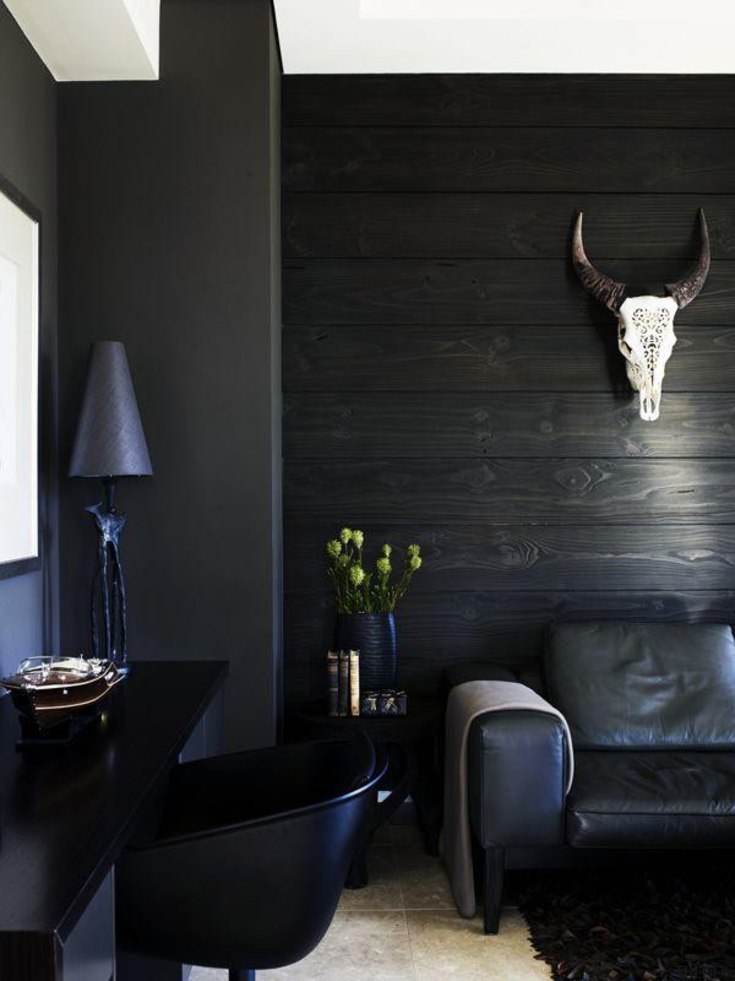 dane van bree + john pegrum / apartment, architecture, floor, furniture, home, house, interior design, light fixture, lighting, living room, room, table, wall, black