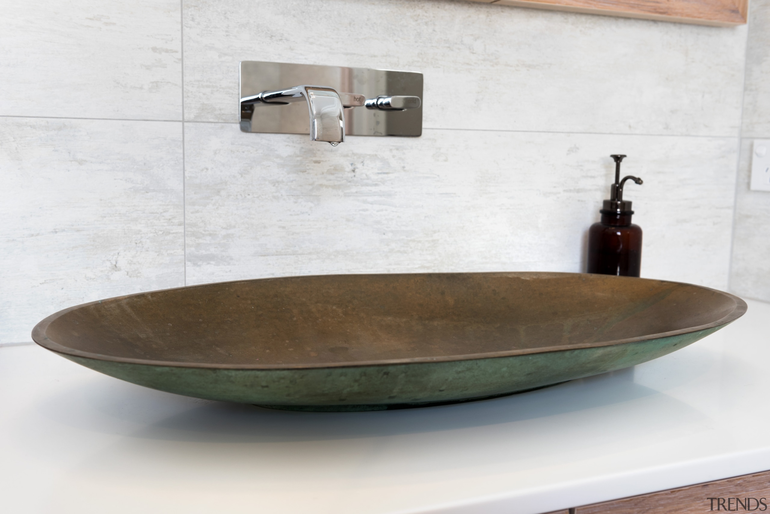 This verdigrised bronze basin is sealed to protect bathroom sink, ceramic, plumbing fixture, product design, sink, tap, white