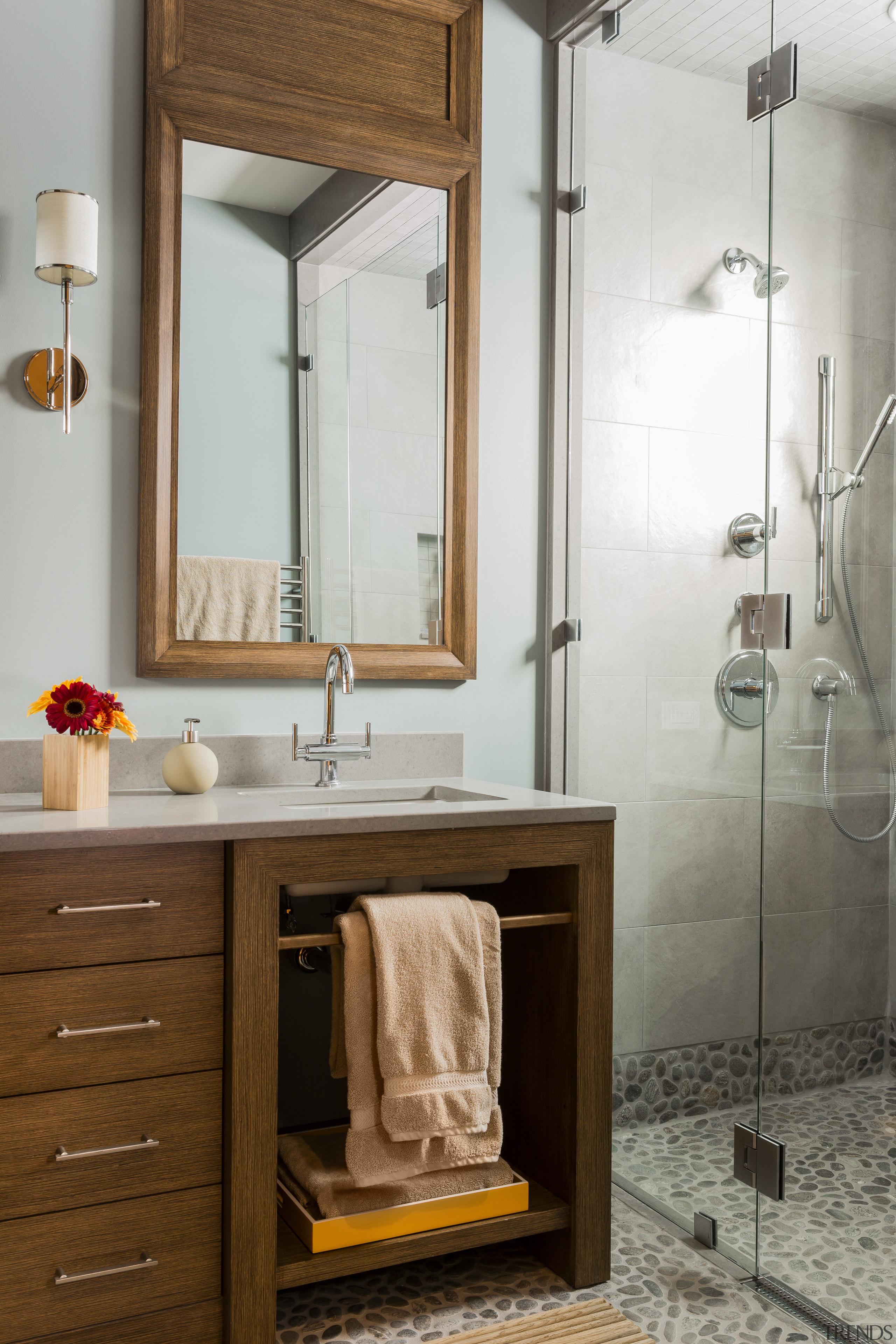 A oak-framed mirror matches the vanity cabinetry in bathroom, bathroom accessory, bathroom cabinet, interior design, plumbing fixture, room, sink, gray, brown