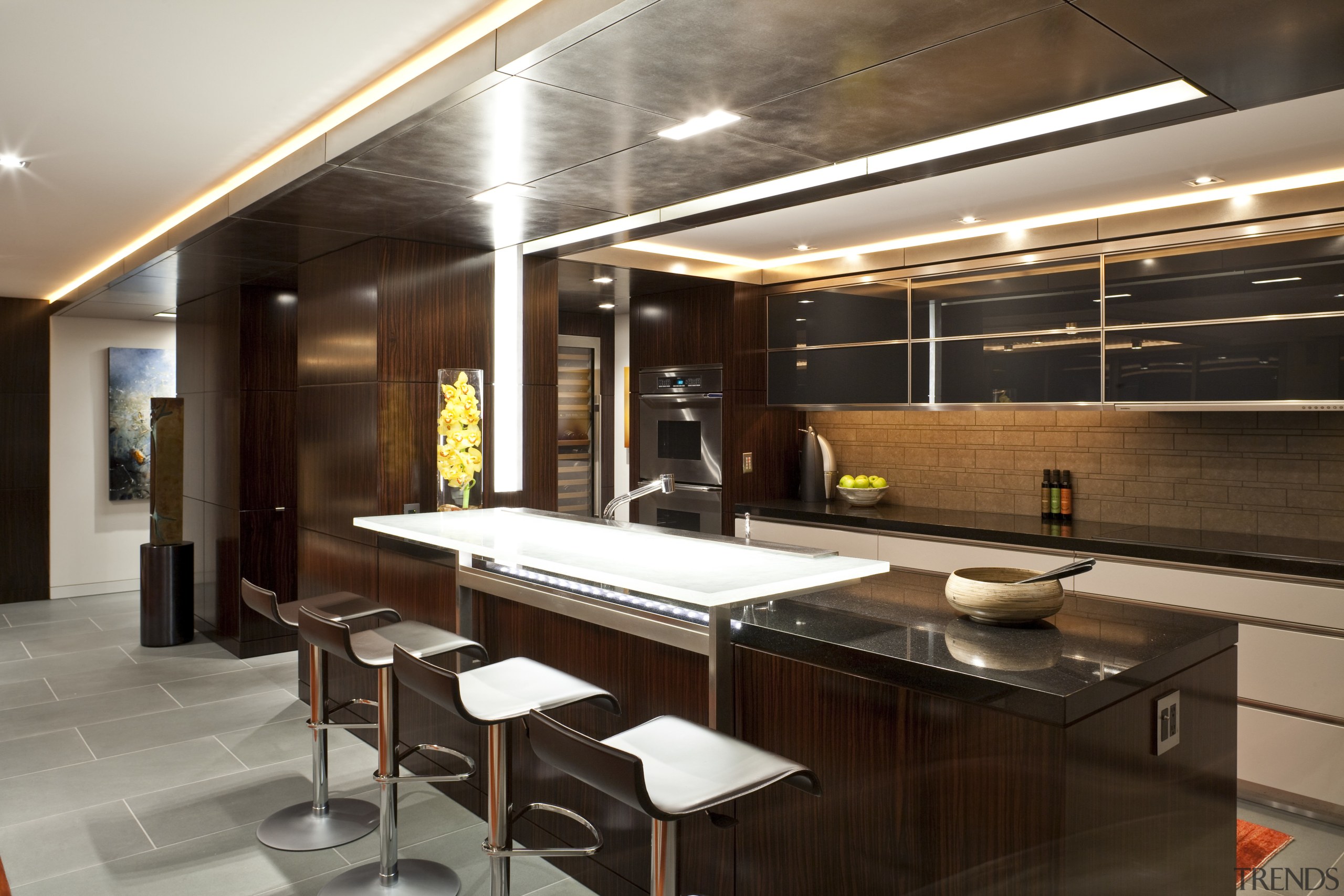 View of kitchen featuring breakfast nook furniture custom ceiling, interior design, brown, gray