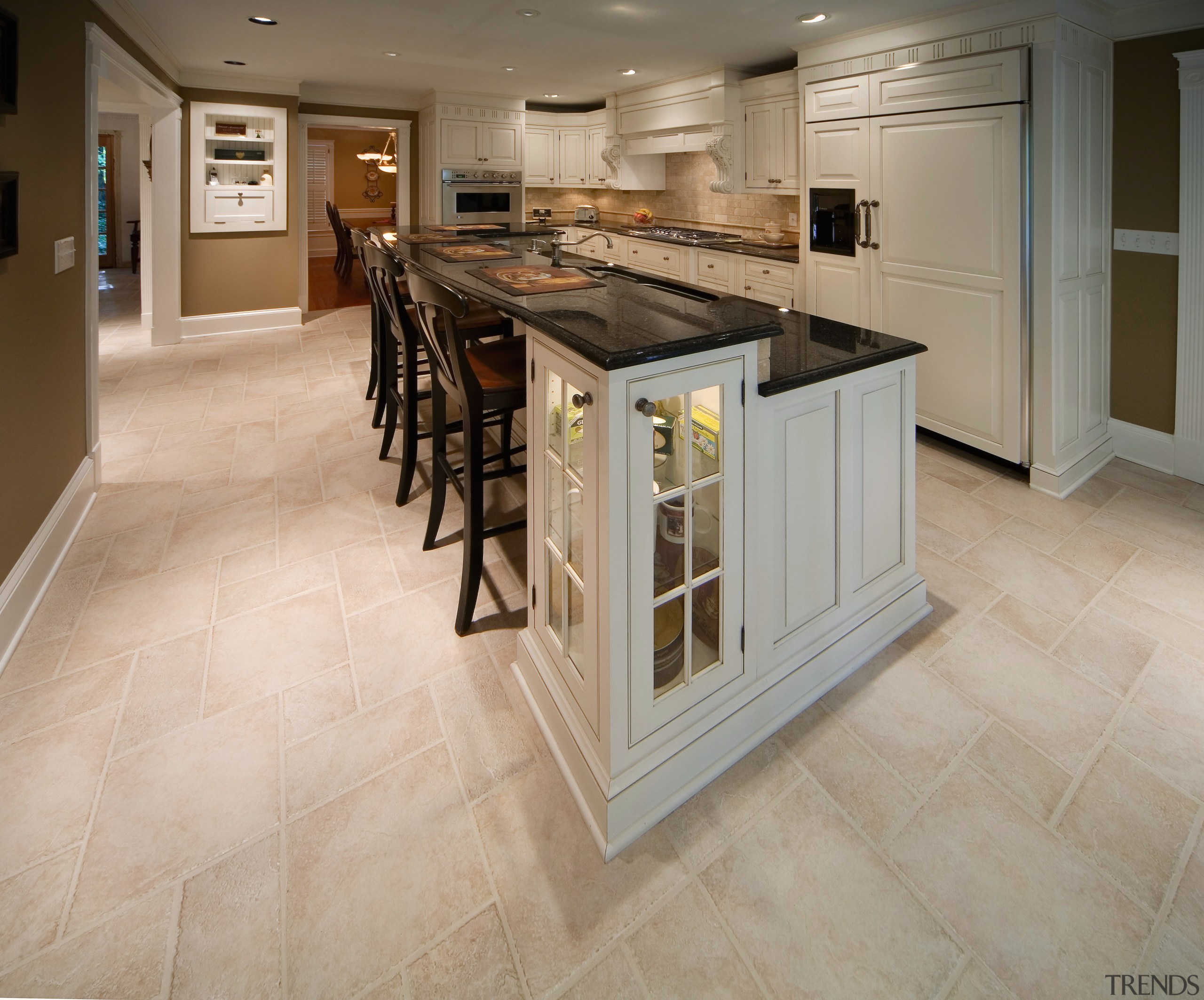 A view of a kitchen by Kitchenworks. - cabinetry, countertop, cuisine classique, floor, flooring, hardwood, kitchen, laminate flooring, tile, wood flooring, gray, brown