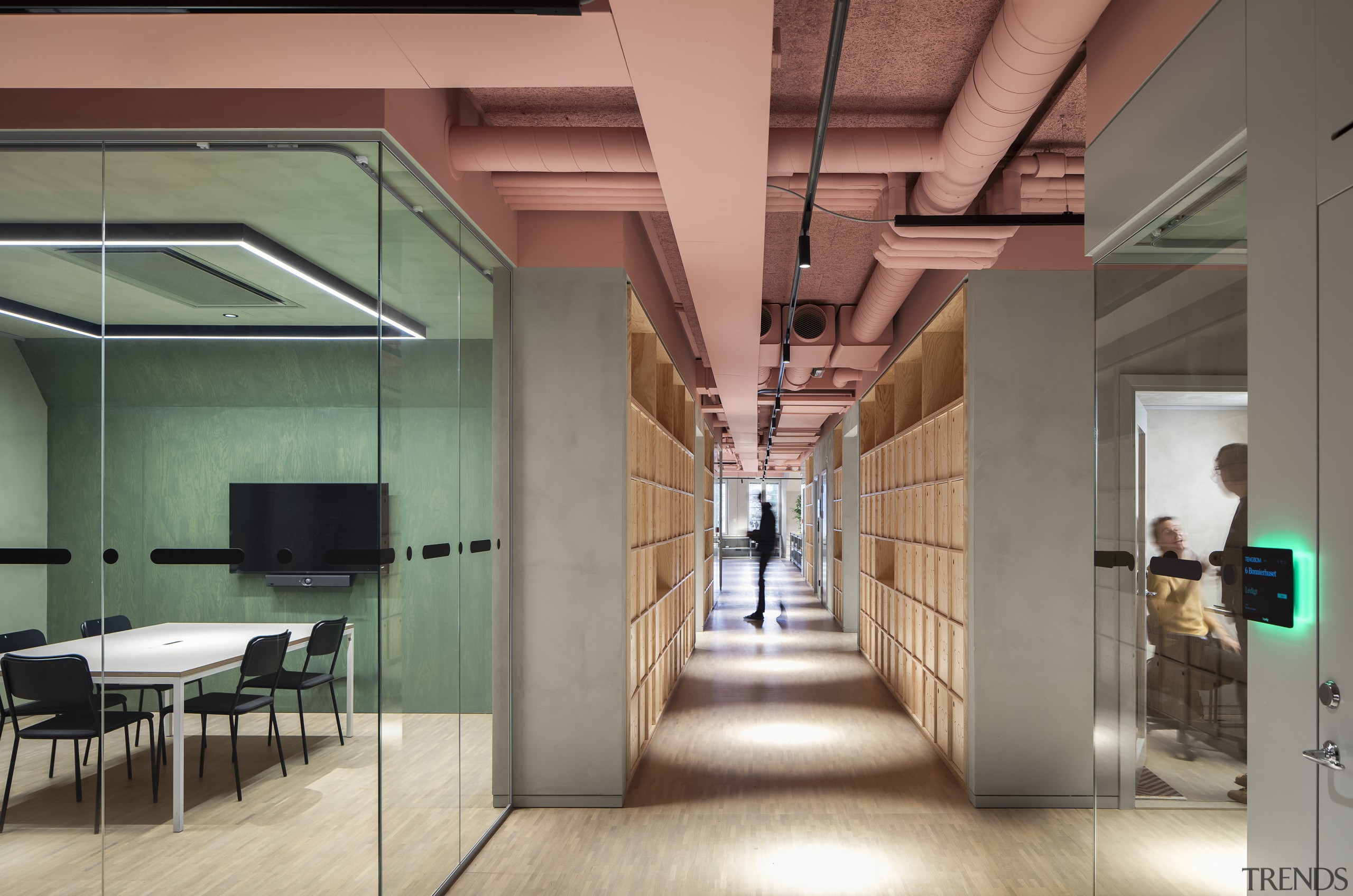Locker-lined circulation and meeting room. - Open to 