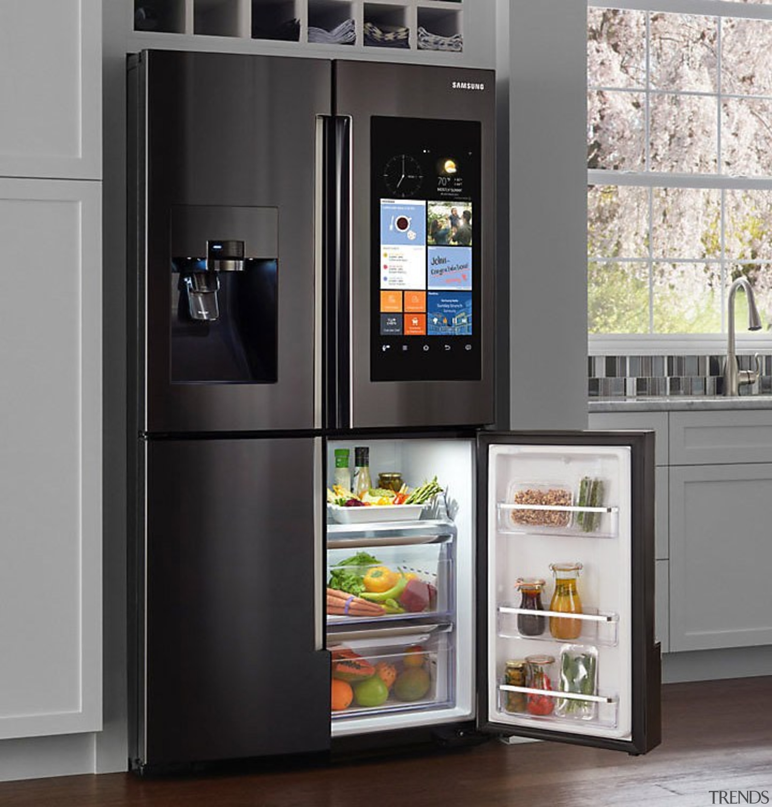 ​​​​​​​Smart Hub: A refrigerator with a Wi-Fi enabled home appliance, kitchen appliance, major appliance, product, refrigerator, shelving, black, gray