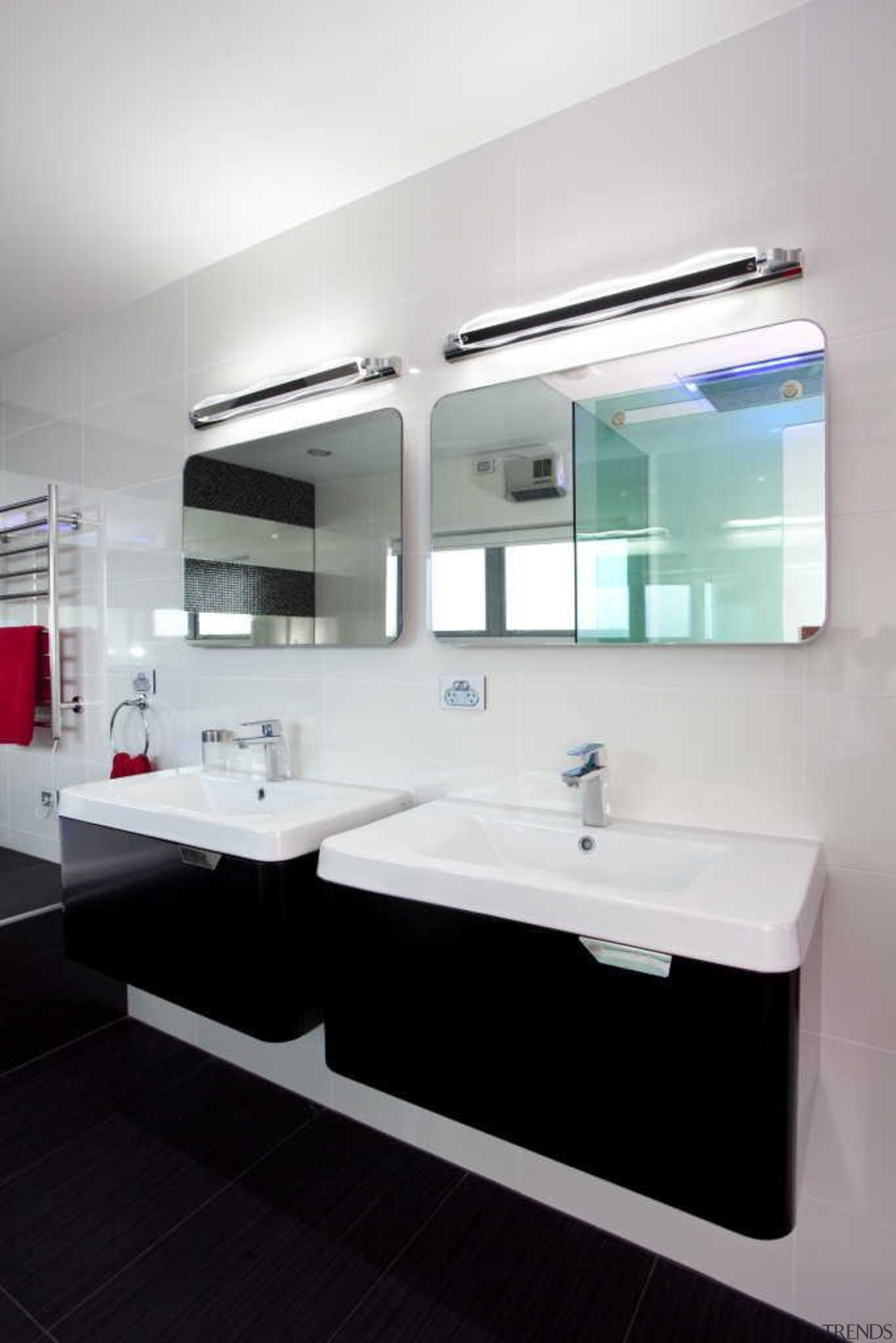 Black and white bathroom with 2 hanging cabinets bathroom, bathroom accessory, bathroom cabinet, interior design, product design, room, sink, white, black