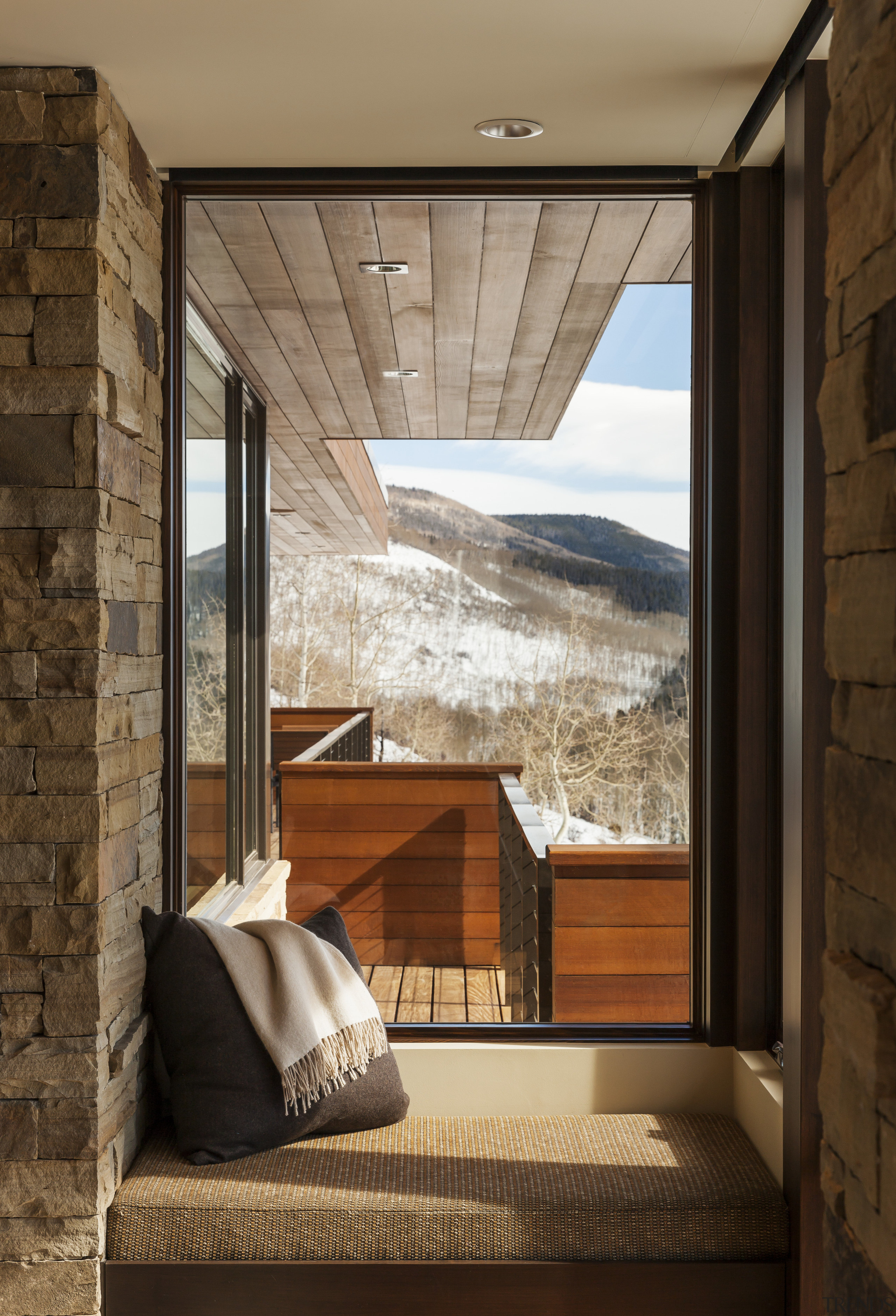 There is an intimate feel to this mountain architecture, ceiling, home, house, interior design, wall, window, wood, brown