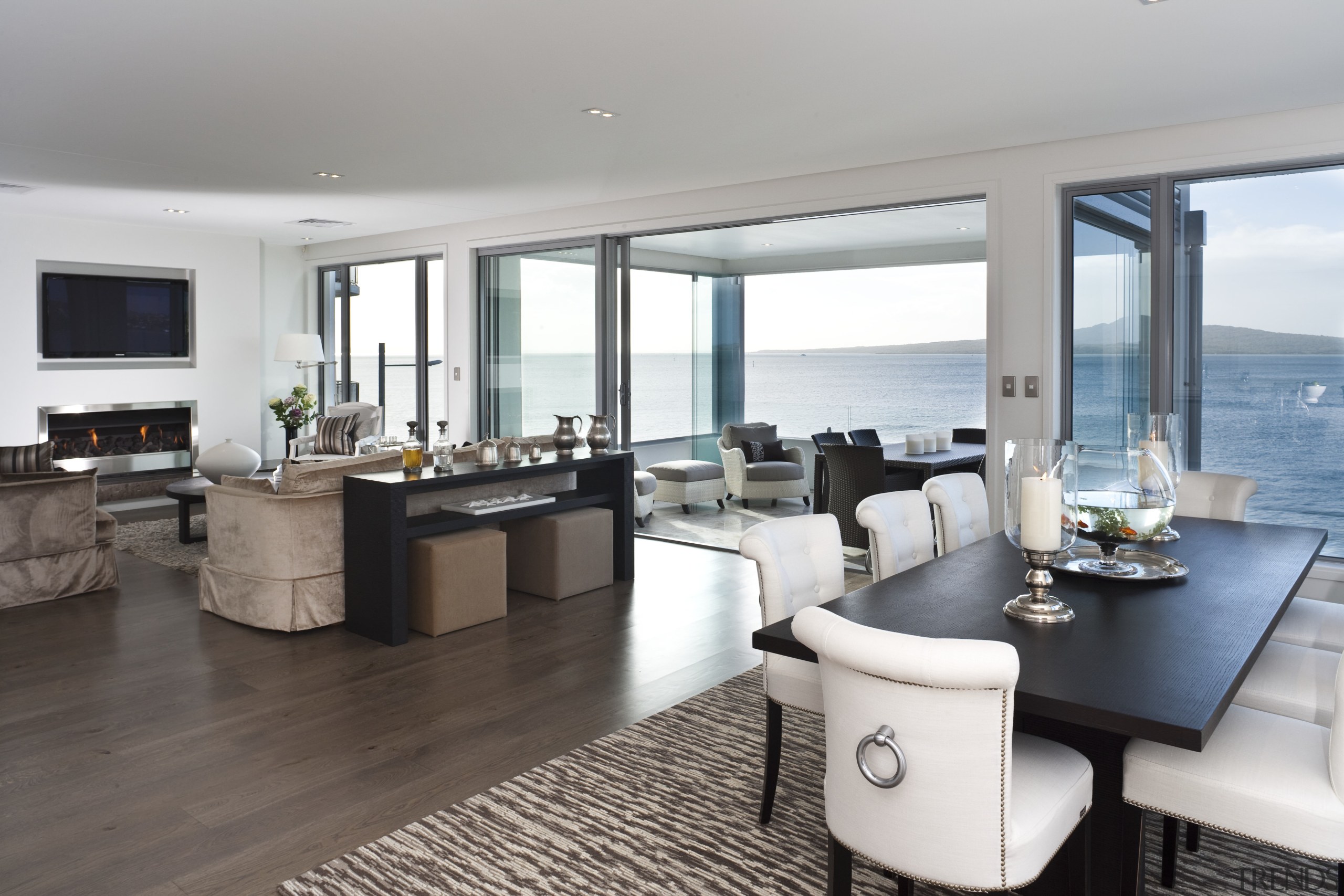 View of kitchen area which features island, granite apartment, interior design, living room, penthouse apartment, property, real estate, window, gray