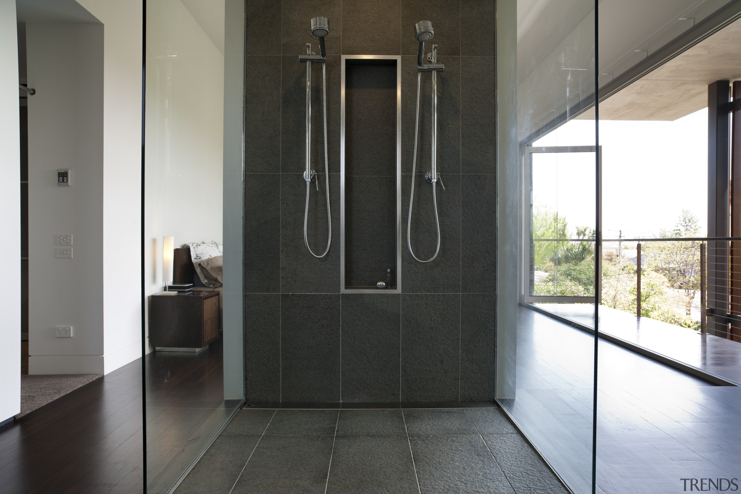 Architect Taras Wolf master bathroom - Architect Taras door, floor, flooring, interior design, real estate, black, white, gray