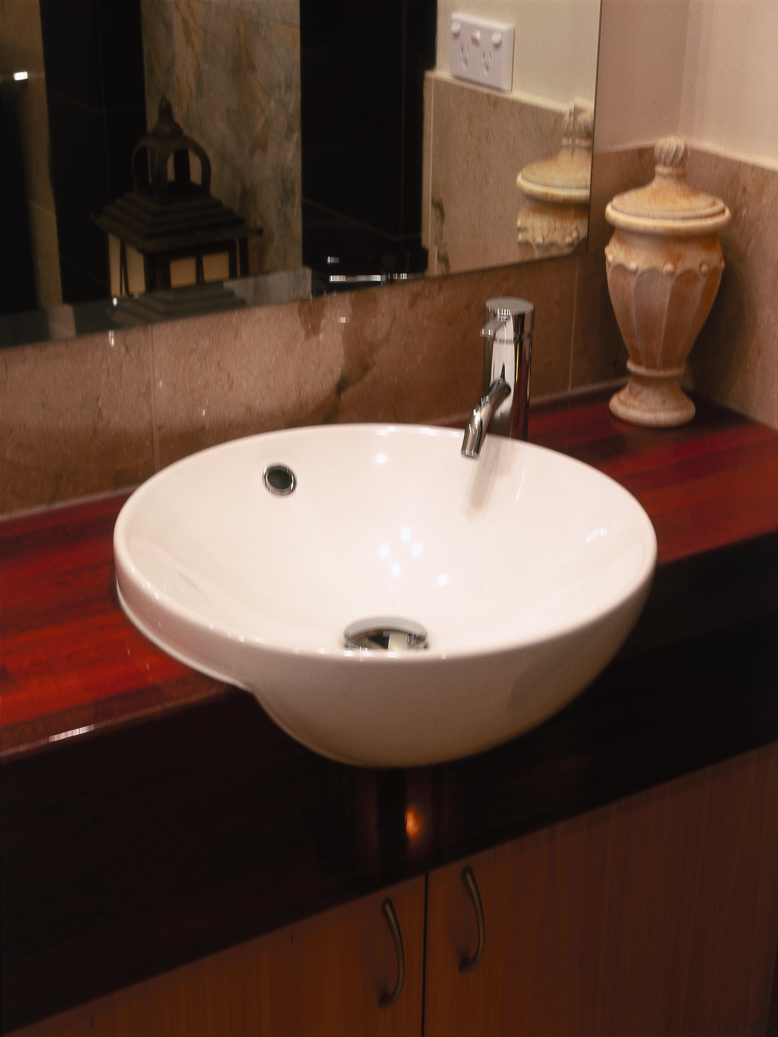 view of the timber vanity, reccessed circular basin bathroom, bathroom sink, ceramic, countertop, plumbing fixture, product design, sink, tap, black, brown
