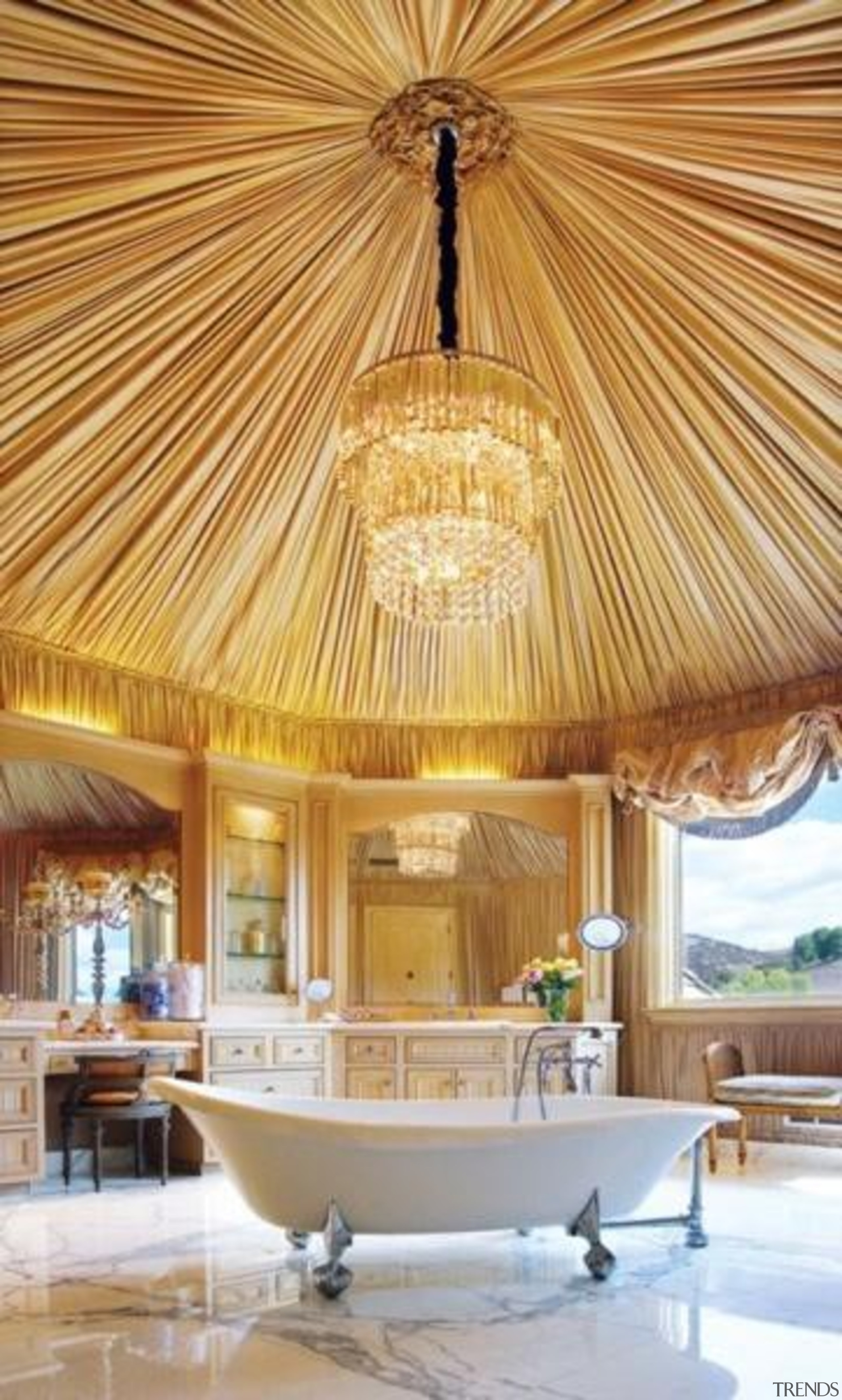 Wow, what an incredible chandelier over the tub! ceiling, estate, interior design, orange