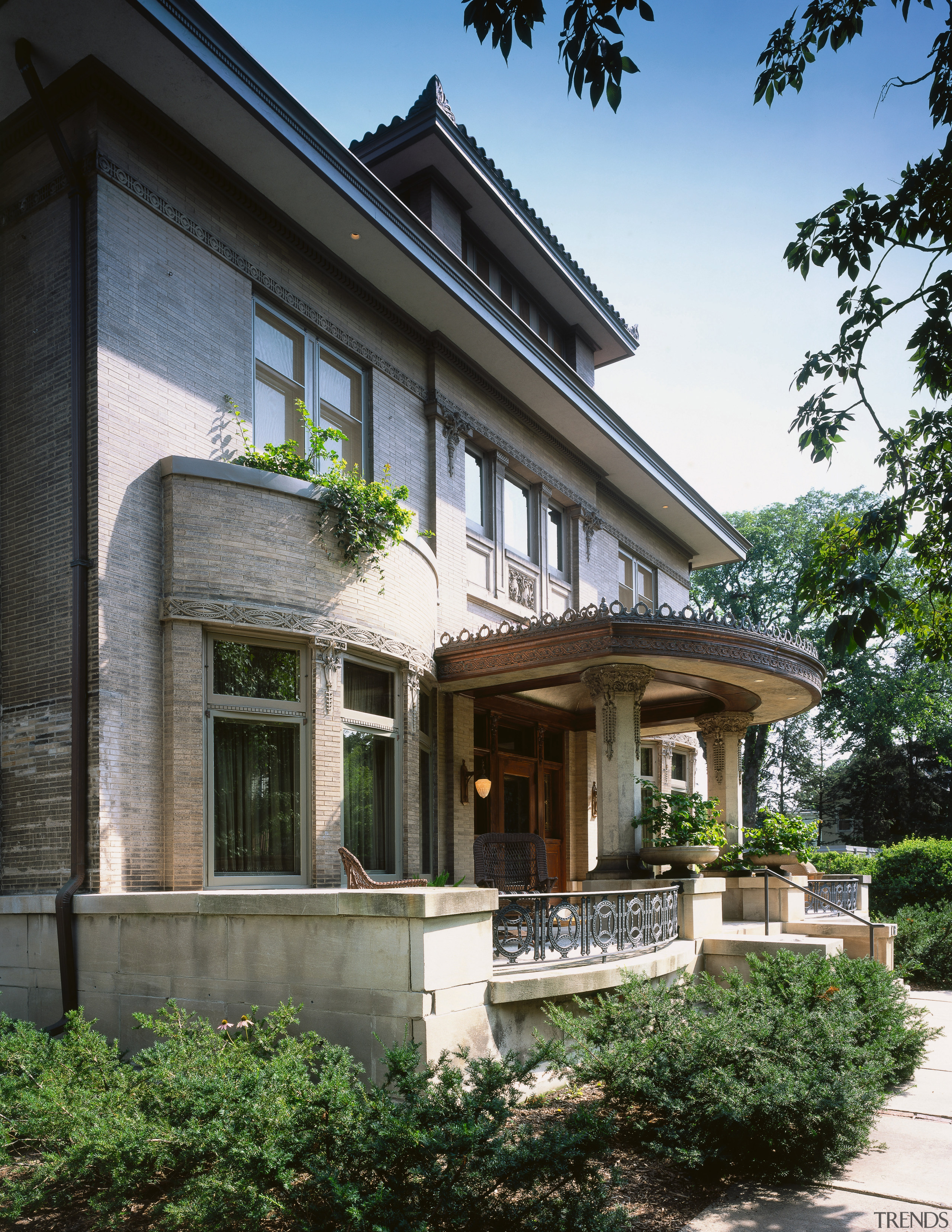 Exterior view of this restored brick Mansion, landscaped architecture, building, cottage, estate, facade, historic house, home, house, mansion, property, real estate, residential area, villa, window, black