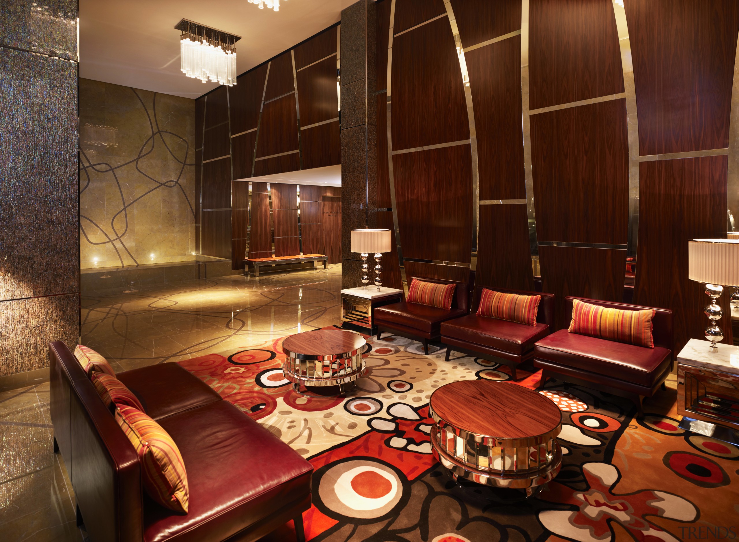Interior view of apartments in the Lucient residential interior design, living room, restaurant, room, table, red, brown