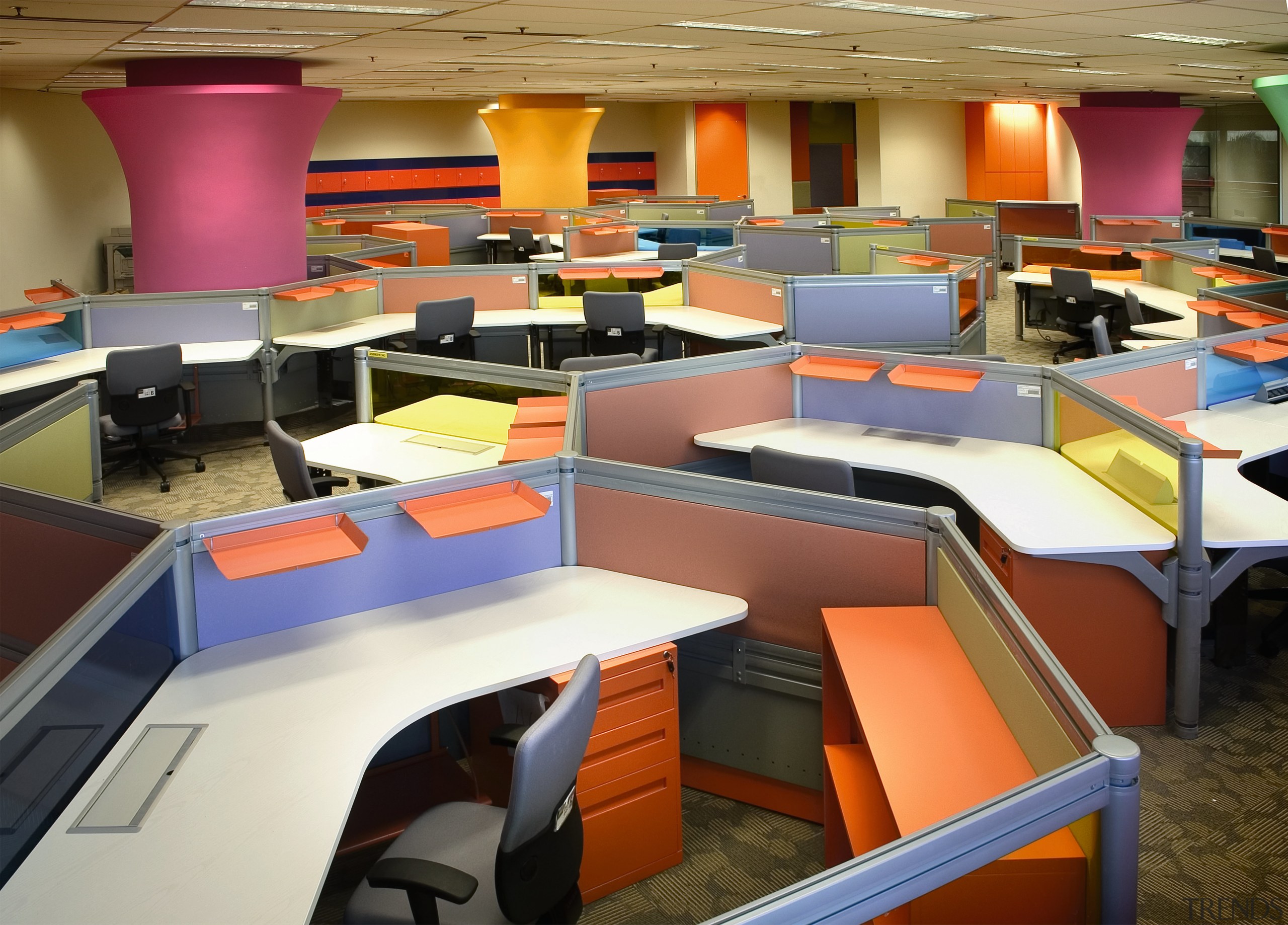 View of the hexagonal workstations, large pink collumns, furniture, interior design, office