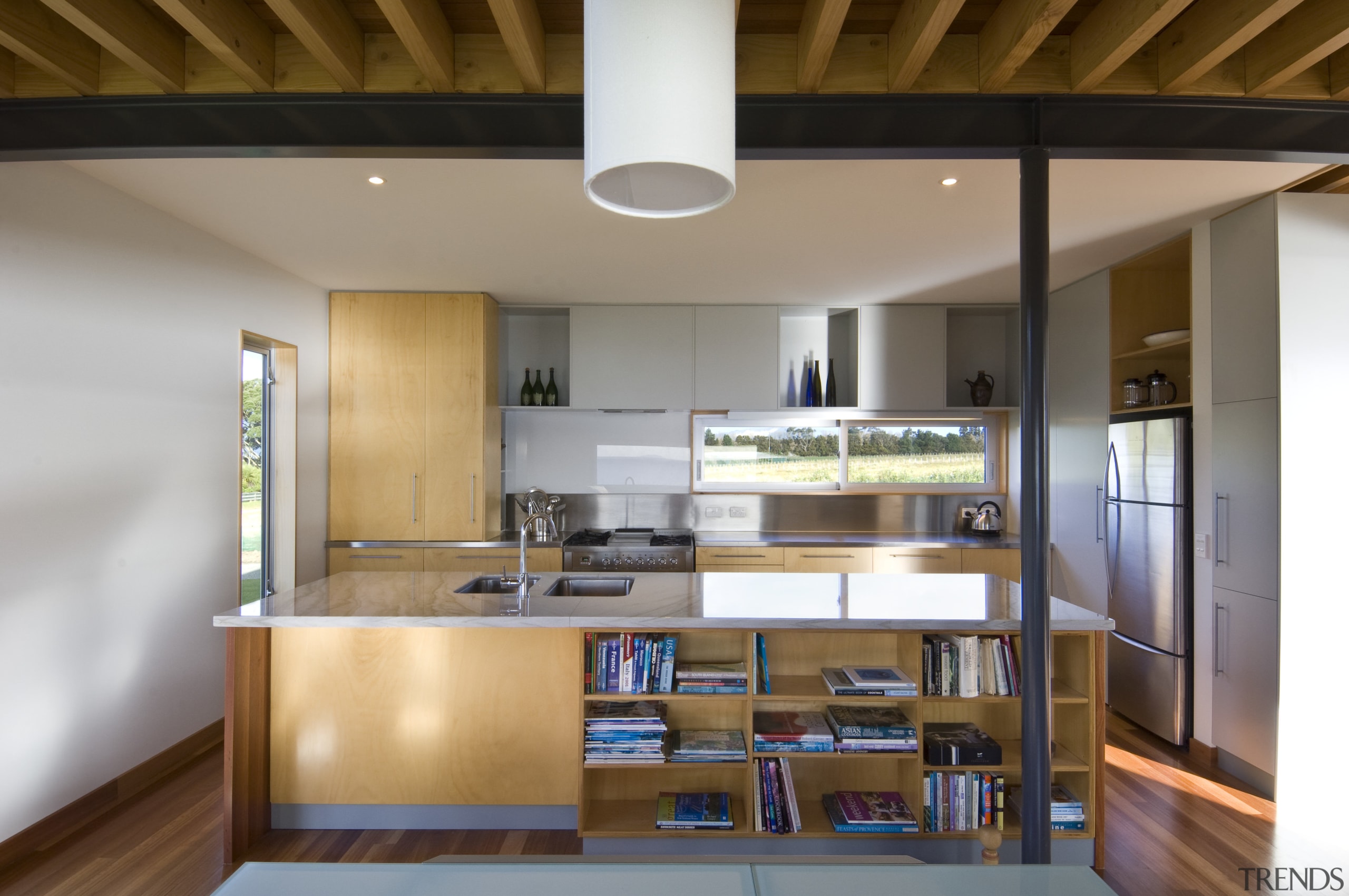 View of the kitchen area with island topped cabinetry, ceiling, countertop, interior design, kitchen, gray, brown
