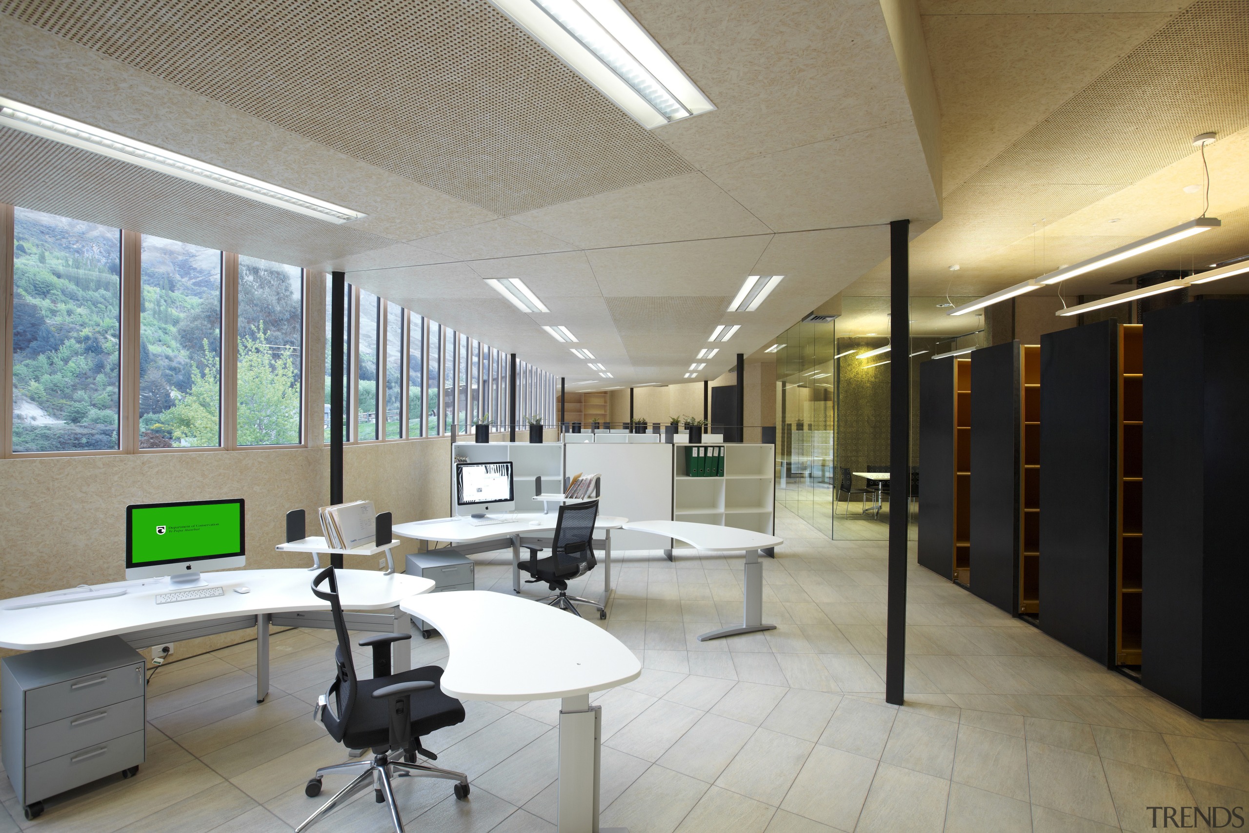 View of DOC building with neutral toned interior ceiling, interior design, lobby, office, gray