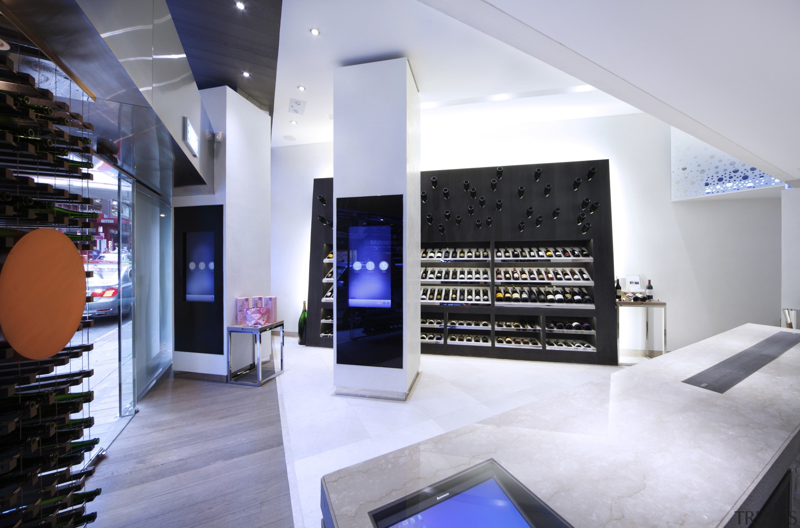 The countertop in the Champagne etc wine store ceiling, interior design, lobby, white