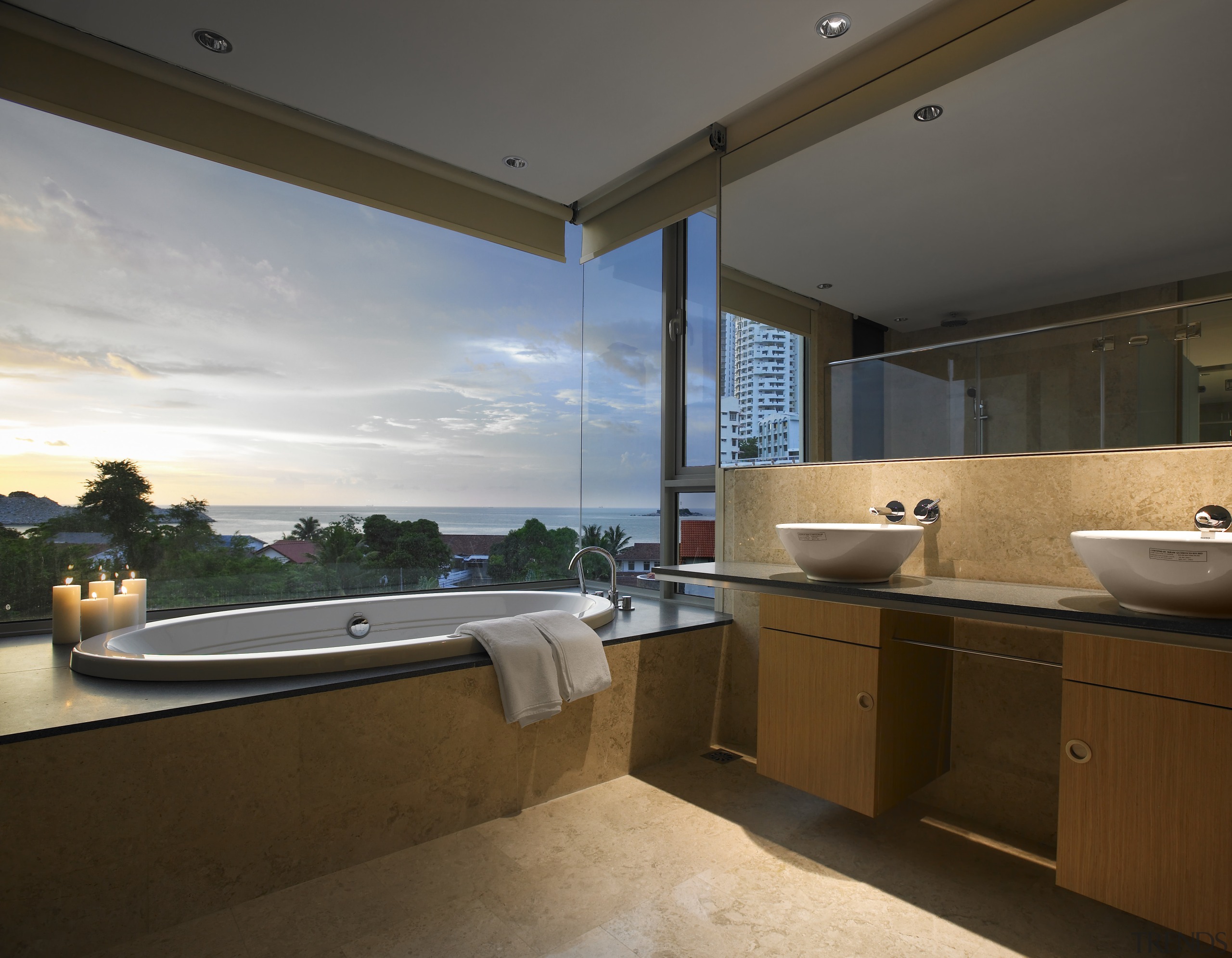 View of apartment bathroom at the Springtide Residences architecture, bathroom, countertop, estate, home, house, interior design, property, real estate, room, window, brown