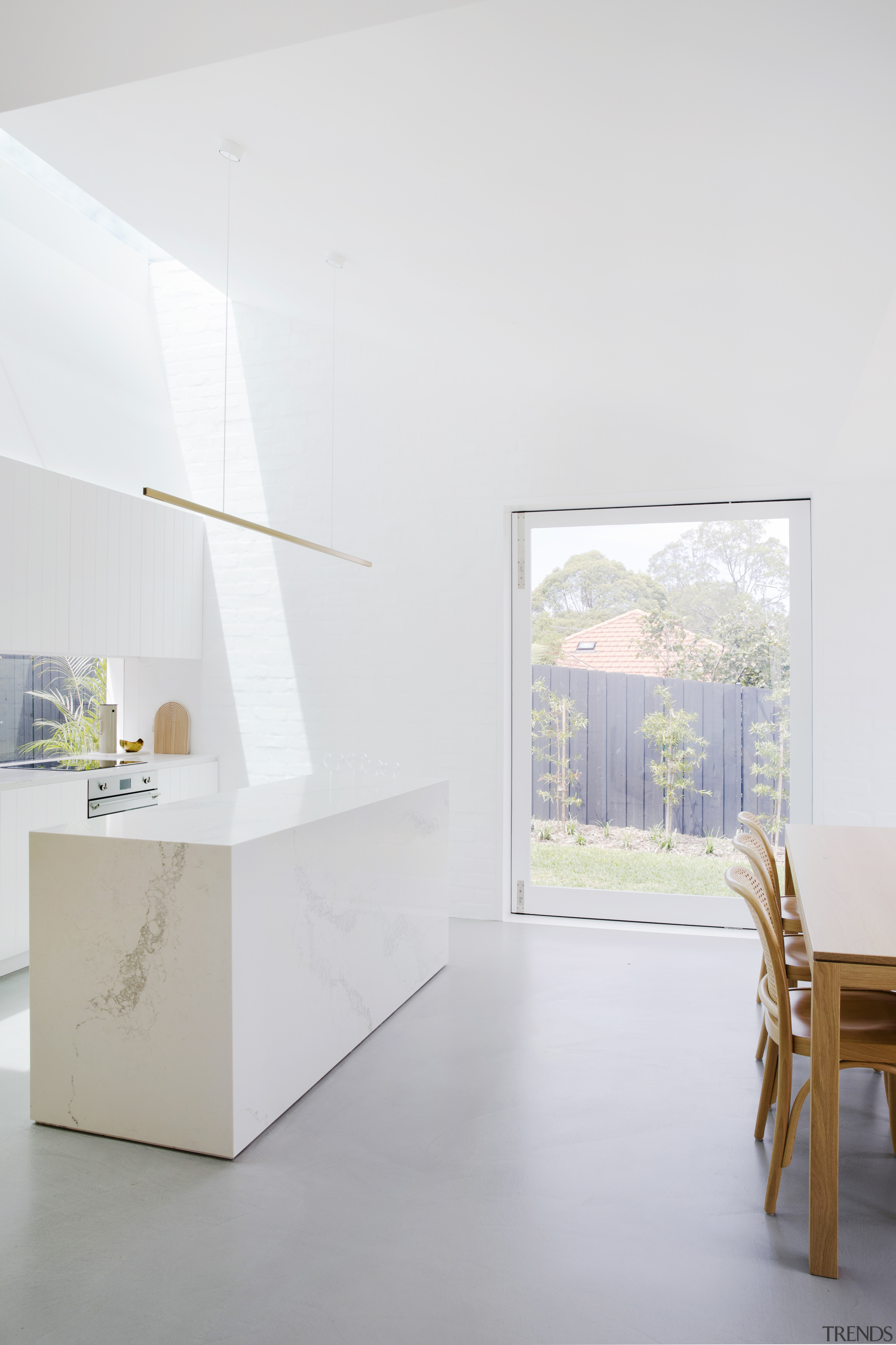 ​​​​​​​Wood veneer cabinetry, white-painted shiplap wood cabinetry, marble-look architecture, floor, home, house, interior design, shelf, shelving, table, white, kitchen island, Studio Prineas