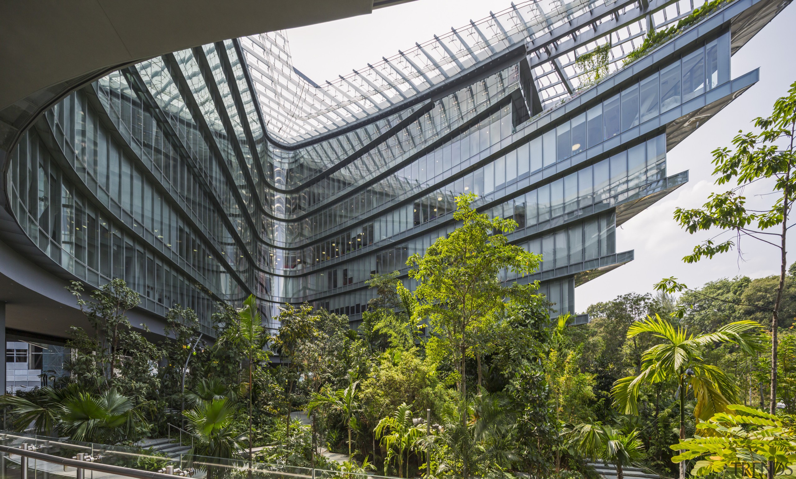 A stepped floorplate on this new Singapore office architecture, building, condominium, corporate headquarters, facade, headquarters, metropolitan area, mixed use, real estate, tree, black