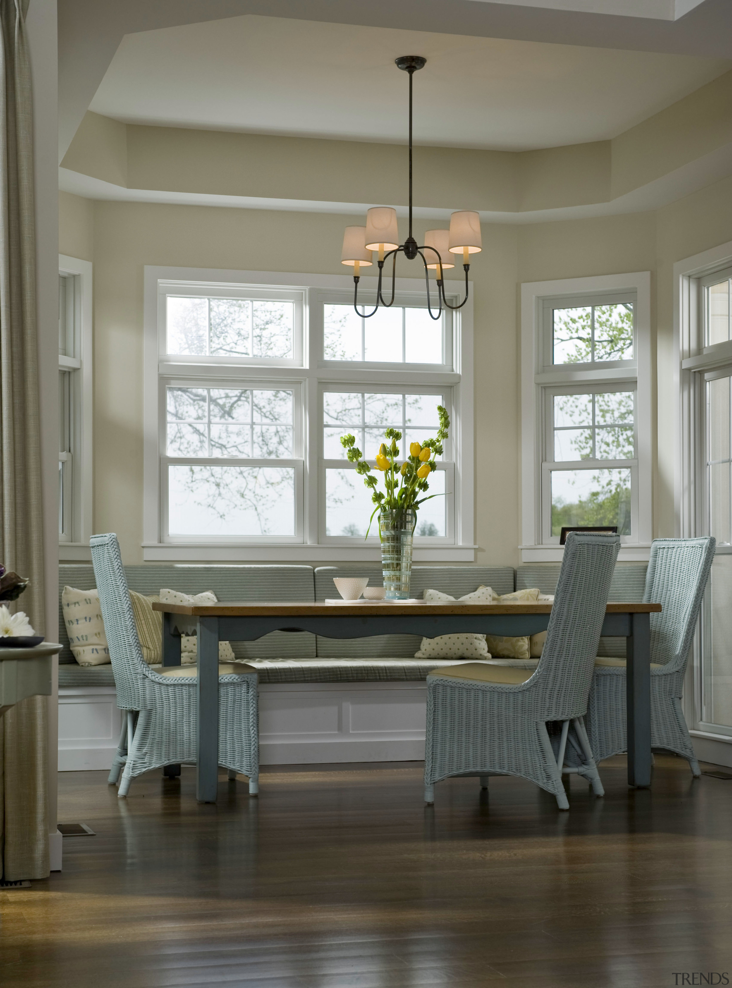 View of casual dining area incorporating a window chair, dining room, floor, furniture, hardwood, home, interior design, kitchen & dining room table, living room, room, table, window, wood, gray