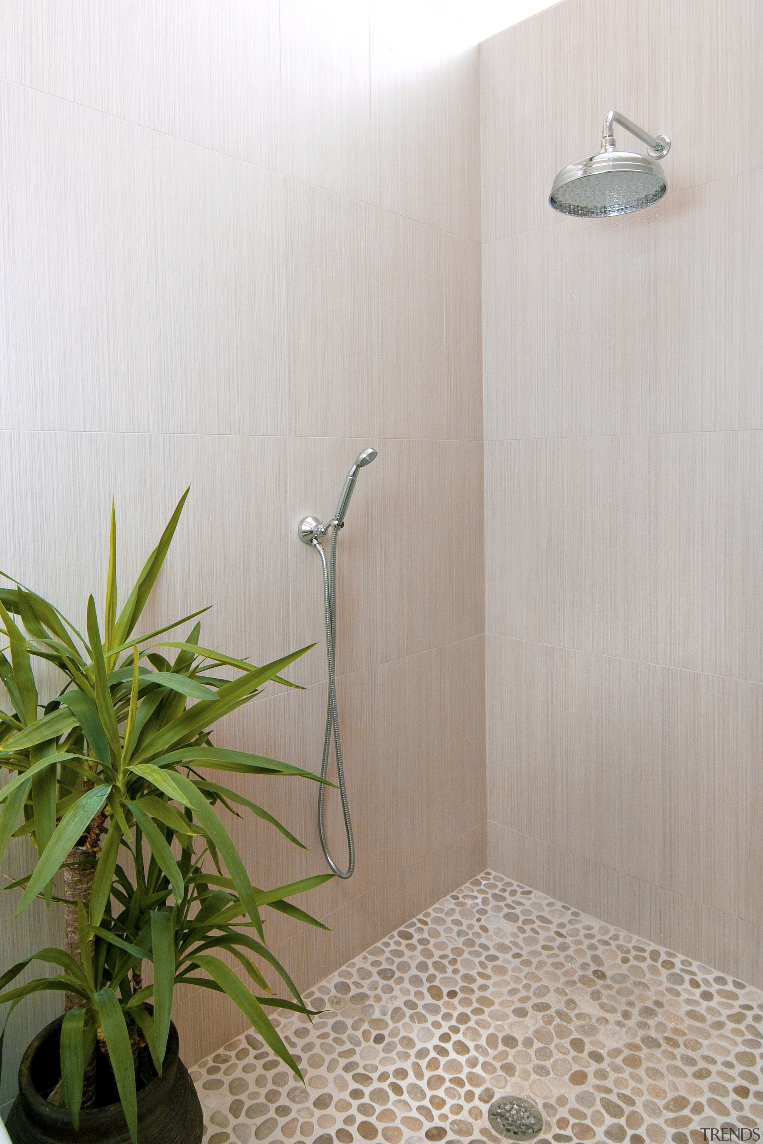 View of a bathroom which features a shower floor, interior design, plumbing fixture, property, tile, wall, wood, gray