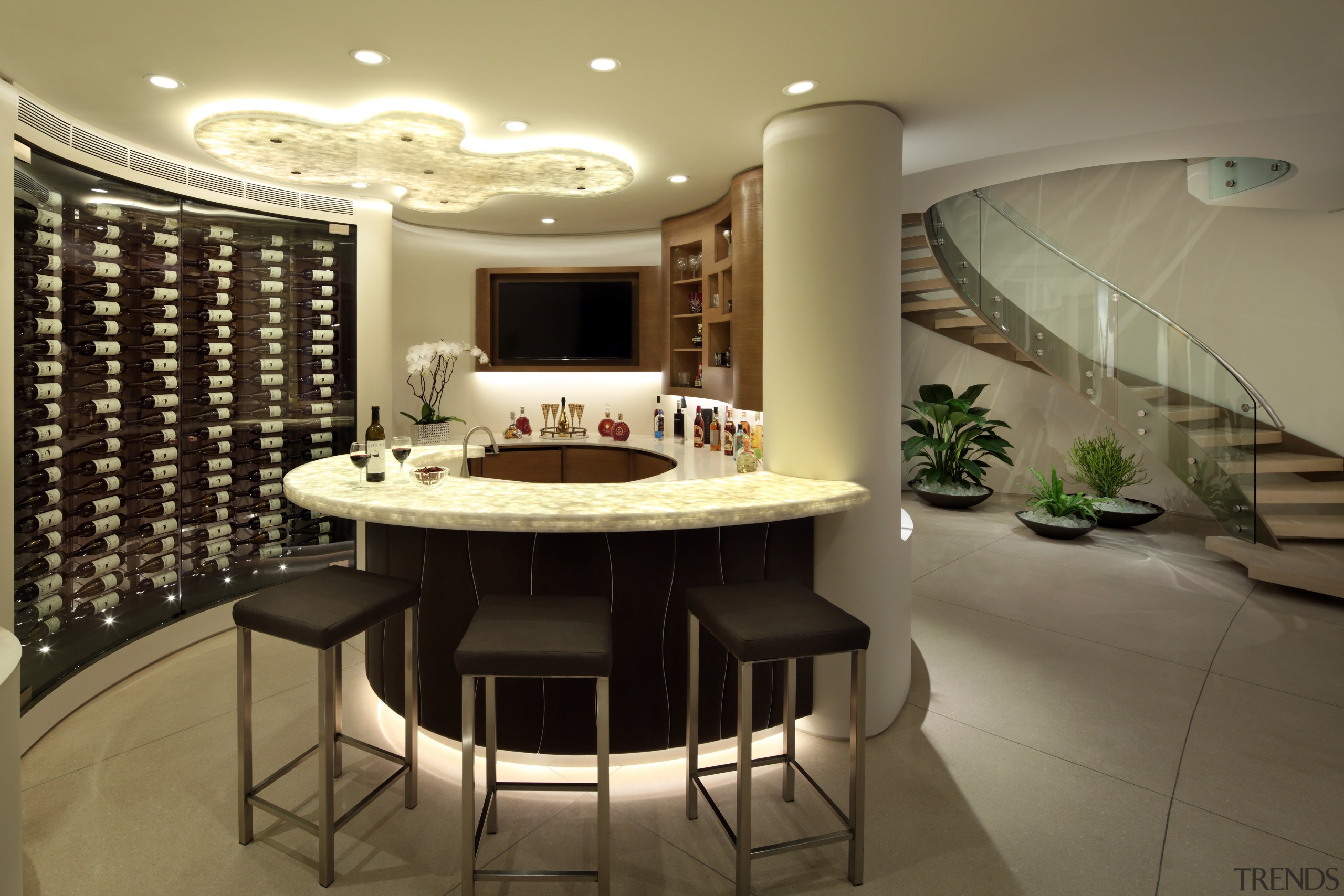 This temperature-controlled wine storage separates from the bar ceiling, interior design, lobby, brown