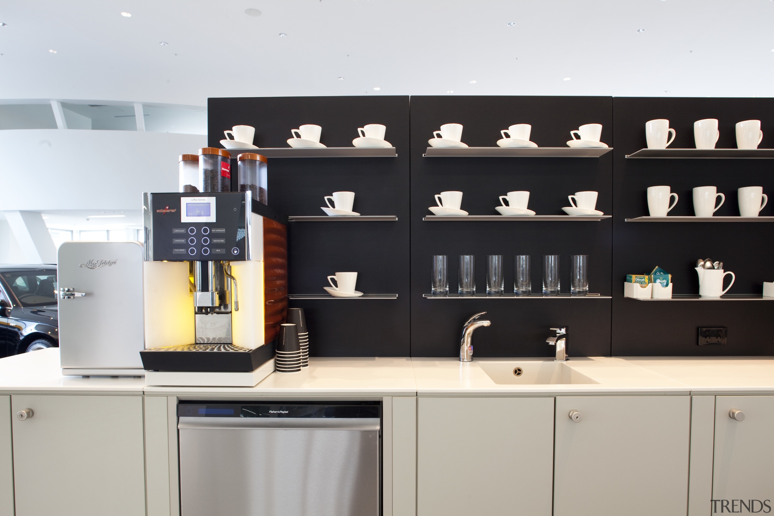 Seen here is a drinking-water system designed by furniture, kitchen, product, product design, shelf, shelving, gray, black, white