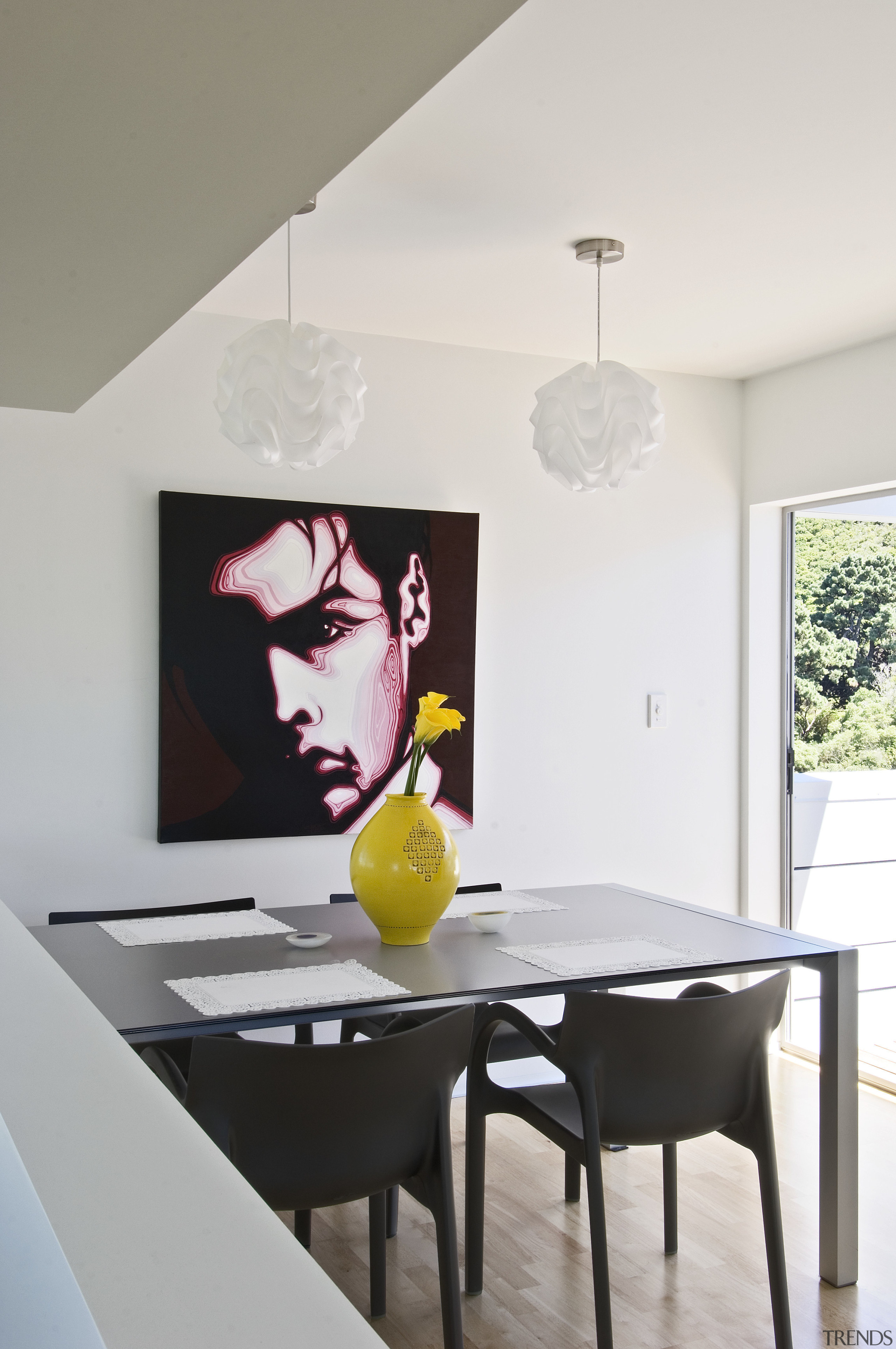 Dining area inside contemporary house - Dining area chair, dining room, furniture, home, house, interior design, light fixture, lighting accessory, living room, product design, room, table, wall, white