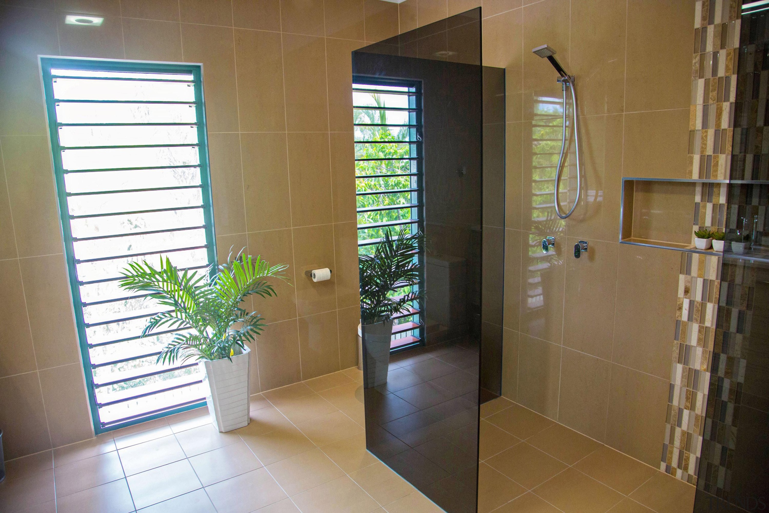 Winner Bathroom of the Year 2013 North Queensland bathroom, daylighting, door, estate, floor, flooring, home, interior design, property, real estate, room, tile, window, brown
