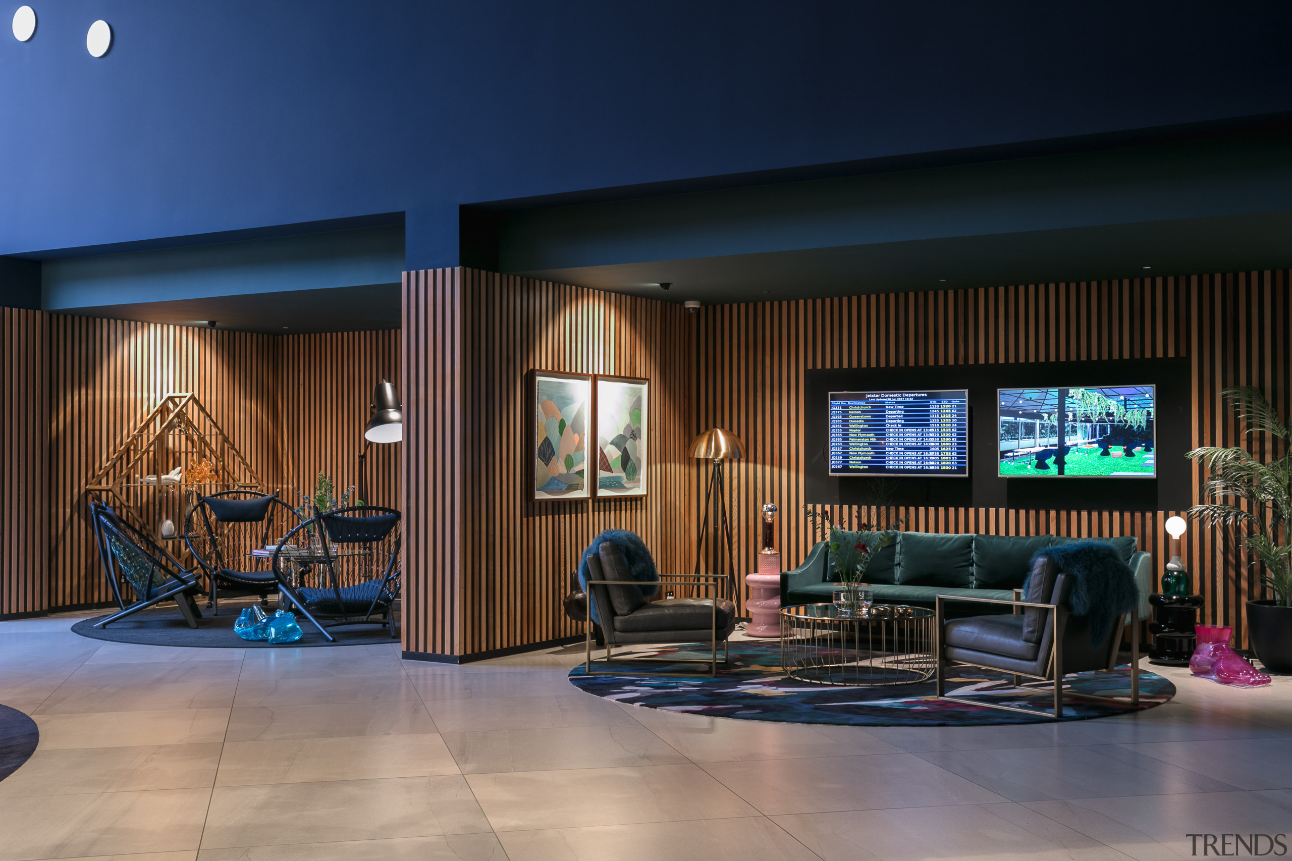 Timber battens bring warmth to the Naumi Auckland ceiling, flooring, interior design, lighting, living room, lobby, real estate, black, blue