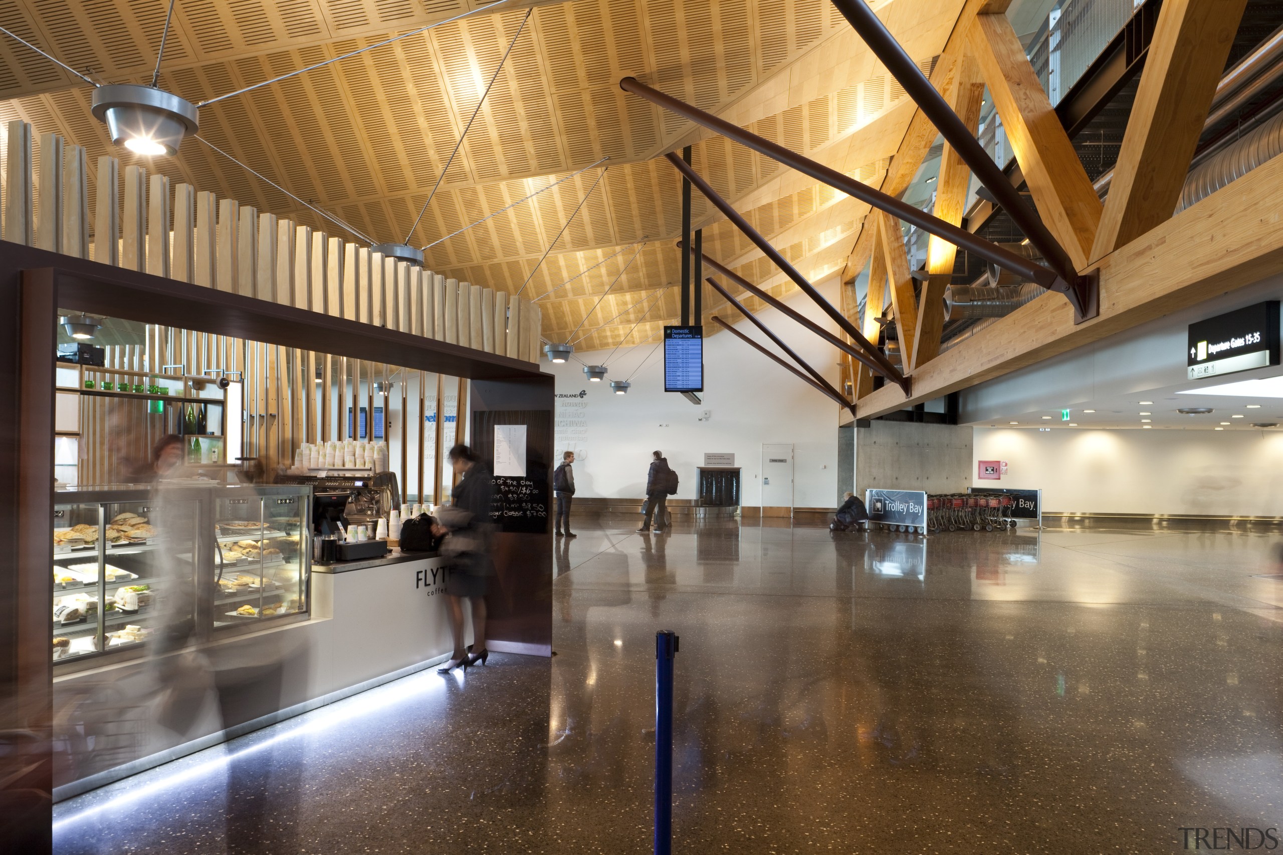 View of the interior of Christchurch Airport. Organic architecture, ceiling, interior design, lobby, brown