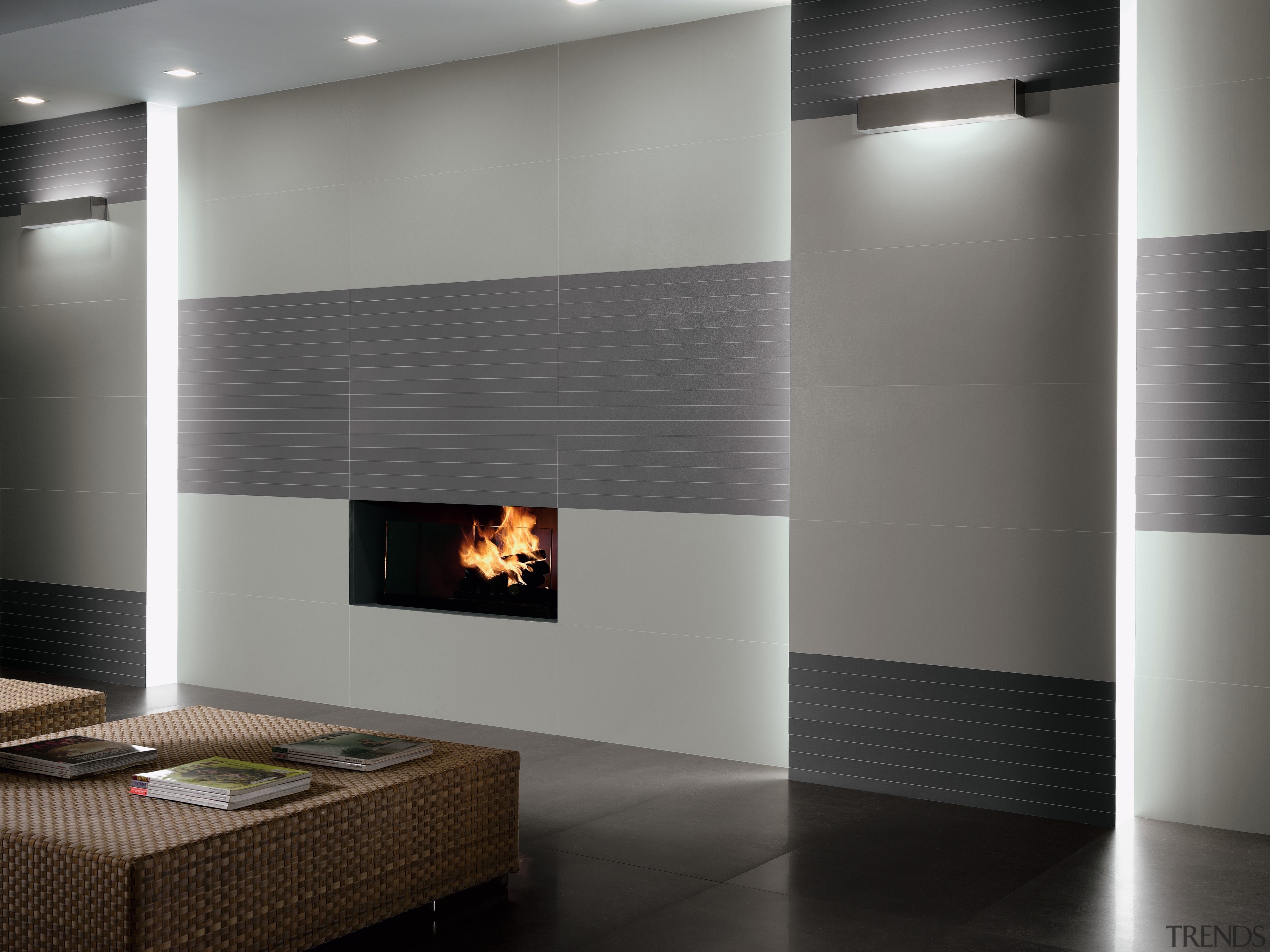 Room with grey wall panels, fireplace and ottoman ceiling, fireplace, floor, flooring, hearth, interior design, lobby, product design, wall, gray, black