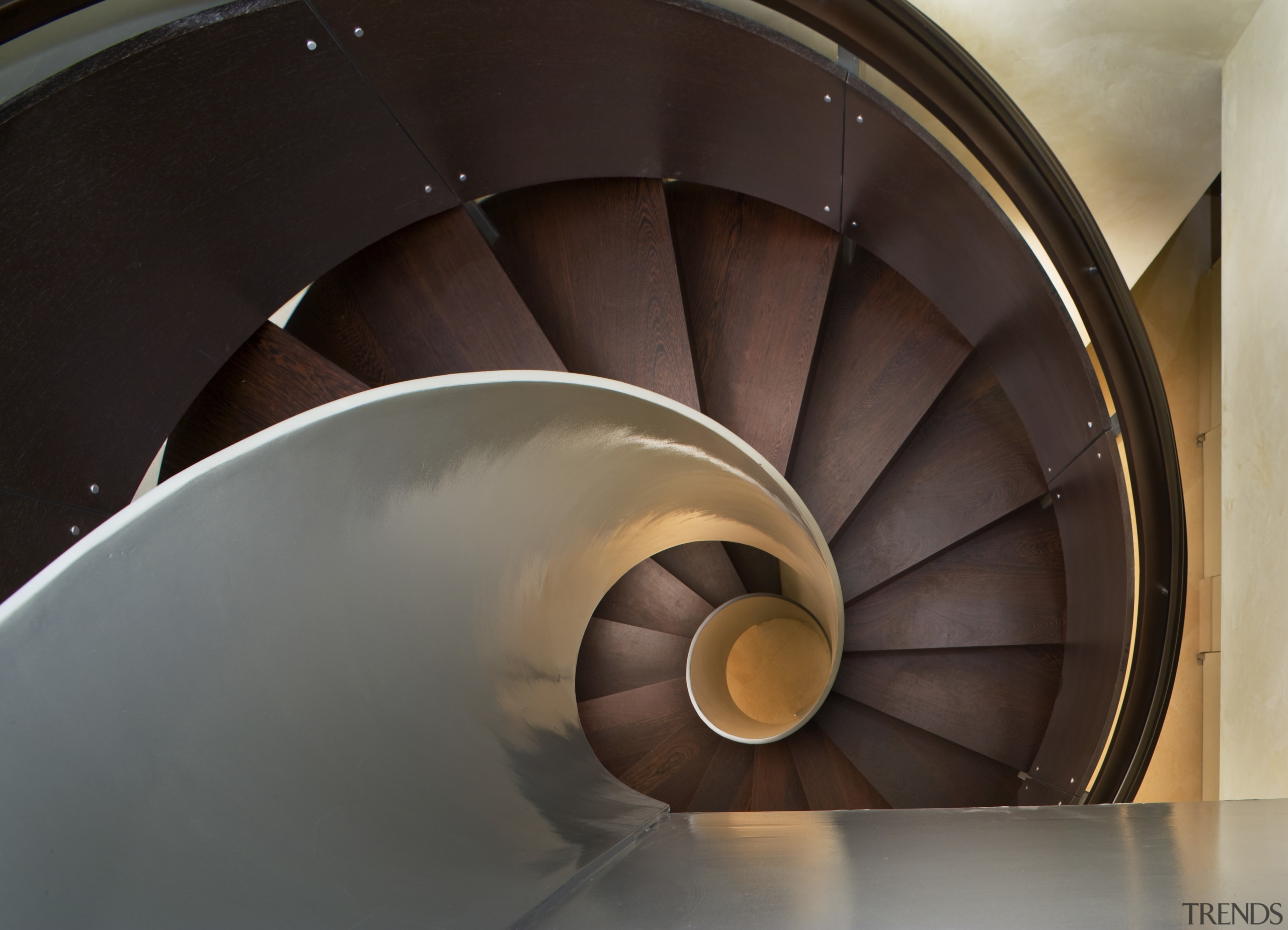 View of the spiral staircase with dark-stained timber product design, spiral, stairs, black