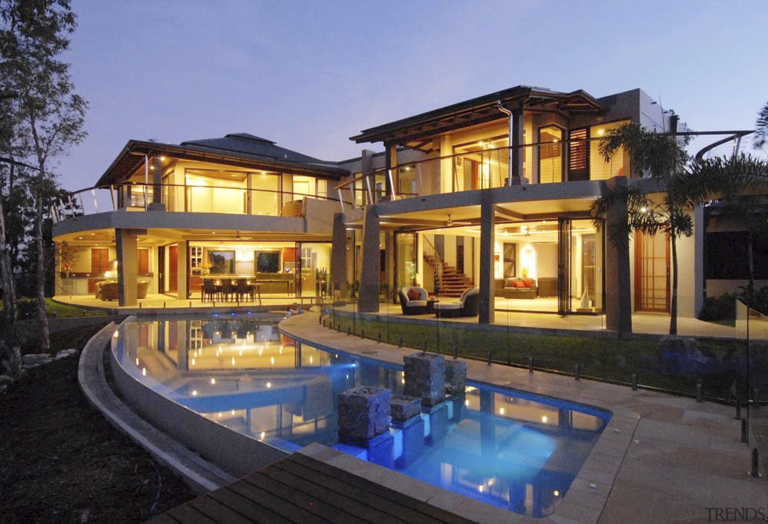 Exterior view of a self-sustainable house designed by estate, facade, family car, home, house, lighting, mansion, property, real estate, resort, swimming pool, villa, window, black