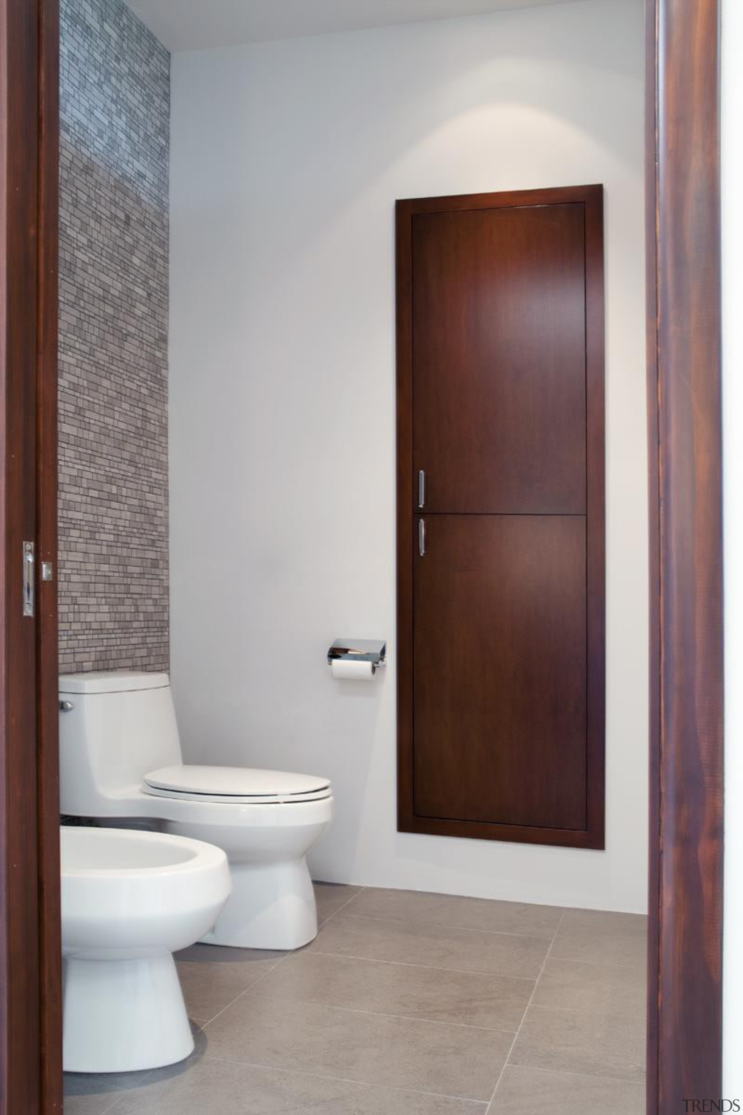 Storage cabinet flush with the walls so it bathroom, bathroom accessory, bathroom cabinet, door, floor, plumbing fixture, product design, room, toilet, gray, red