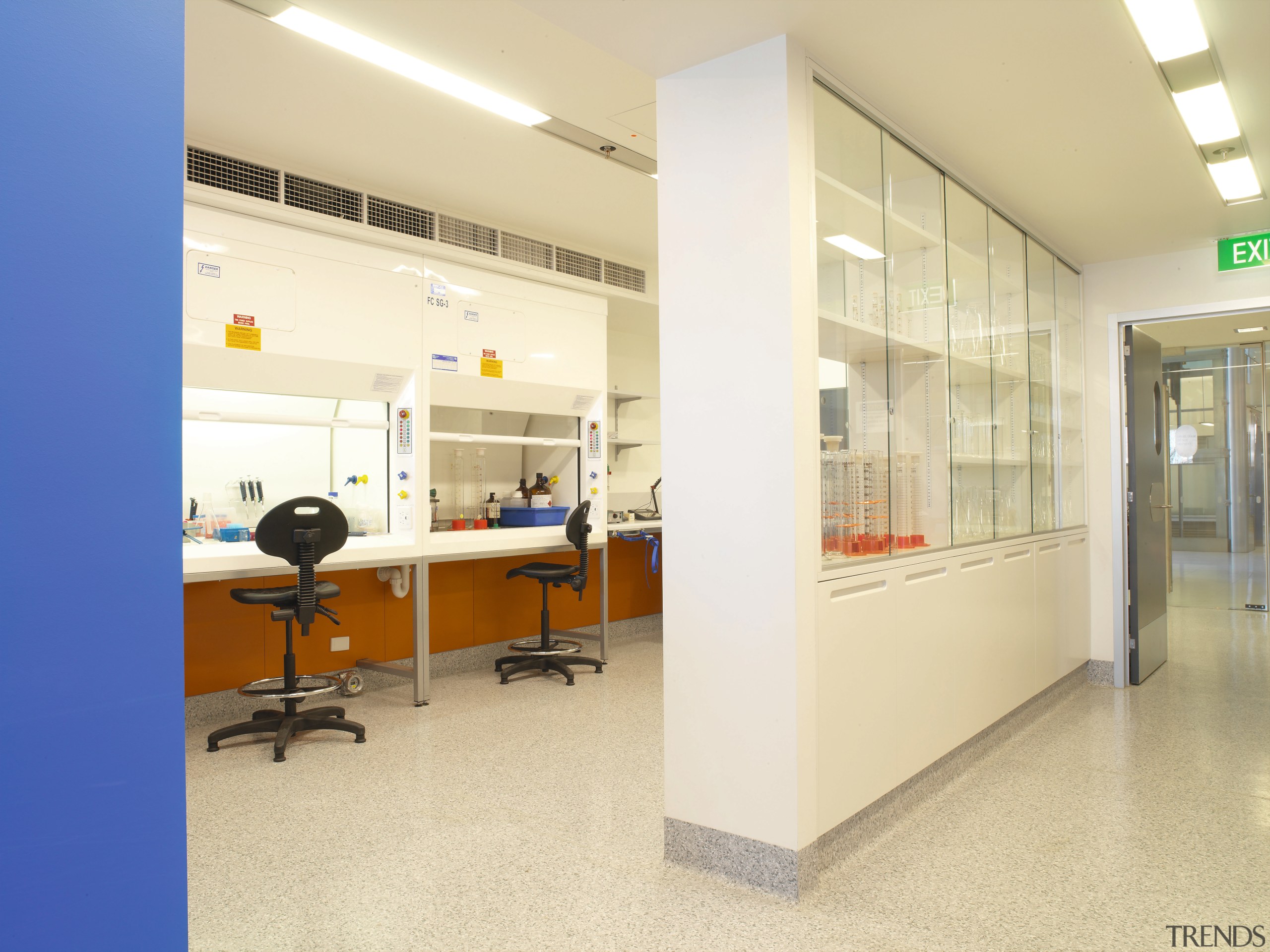 View of corridor and lab room with speckled floor, institution, interior design, office, yellow