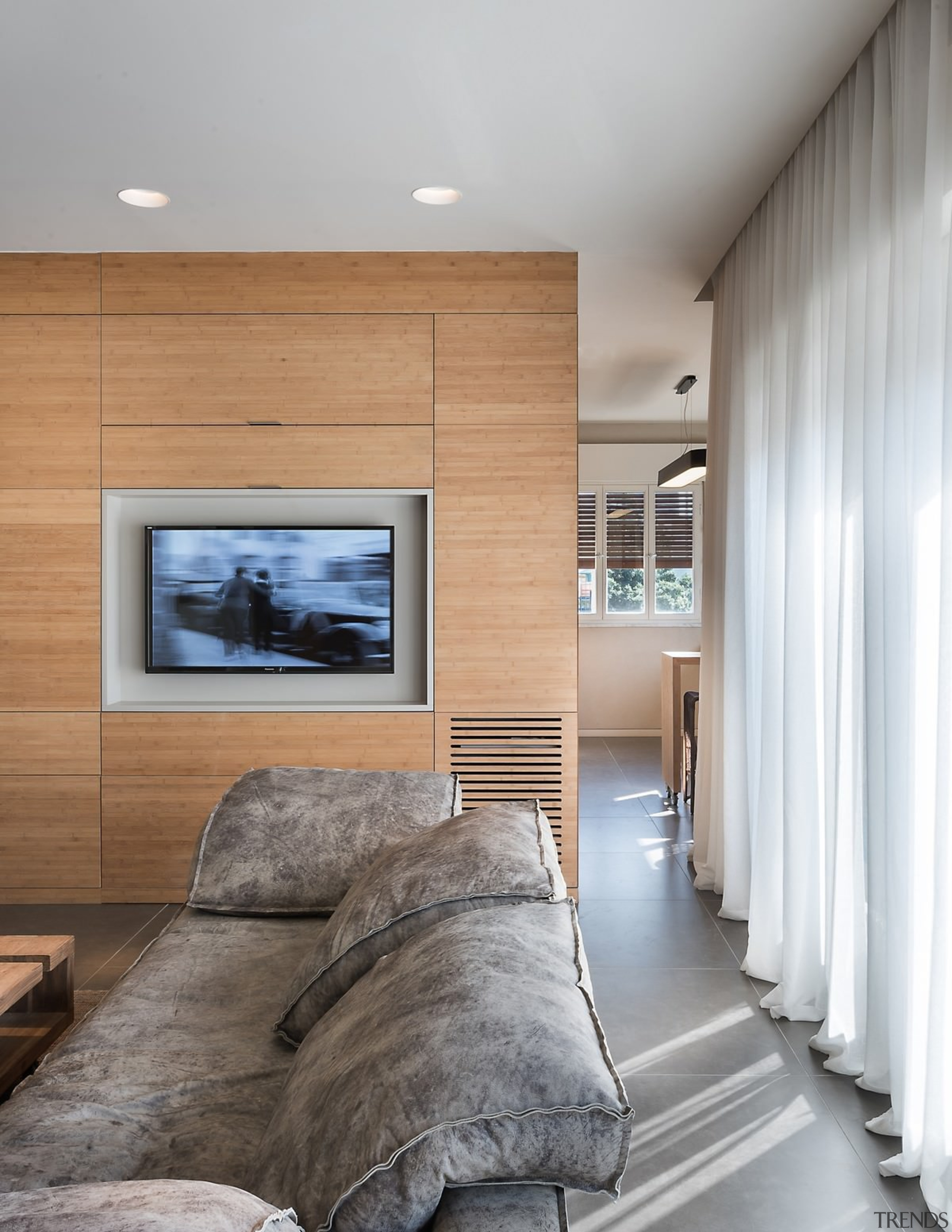Wood panels contrast with the white ceiling - architecture, ceiling, floor, home, house, interior design, living room, real estate, room, wall, wood, gray