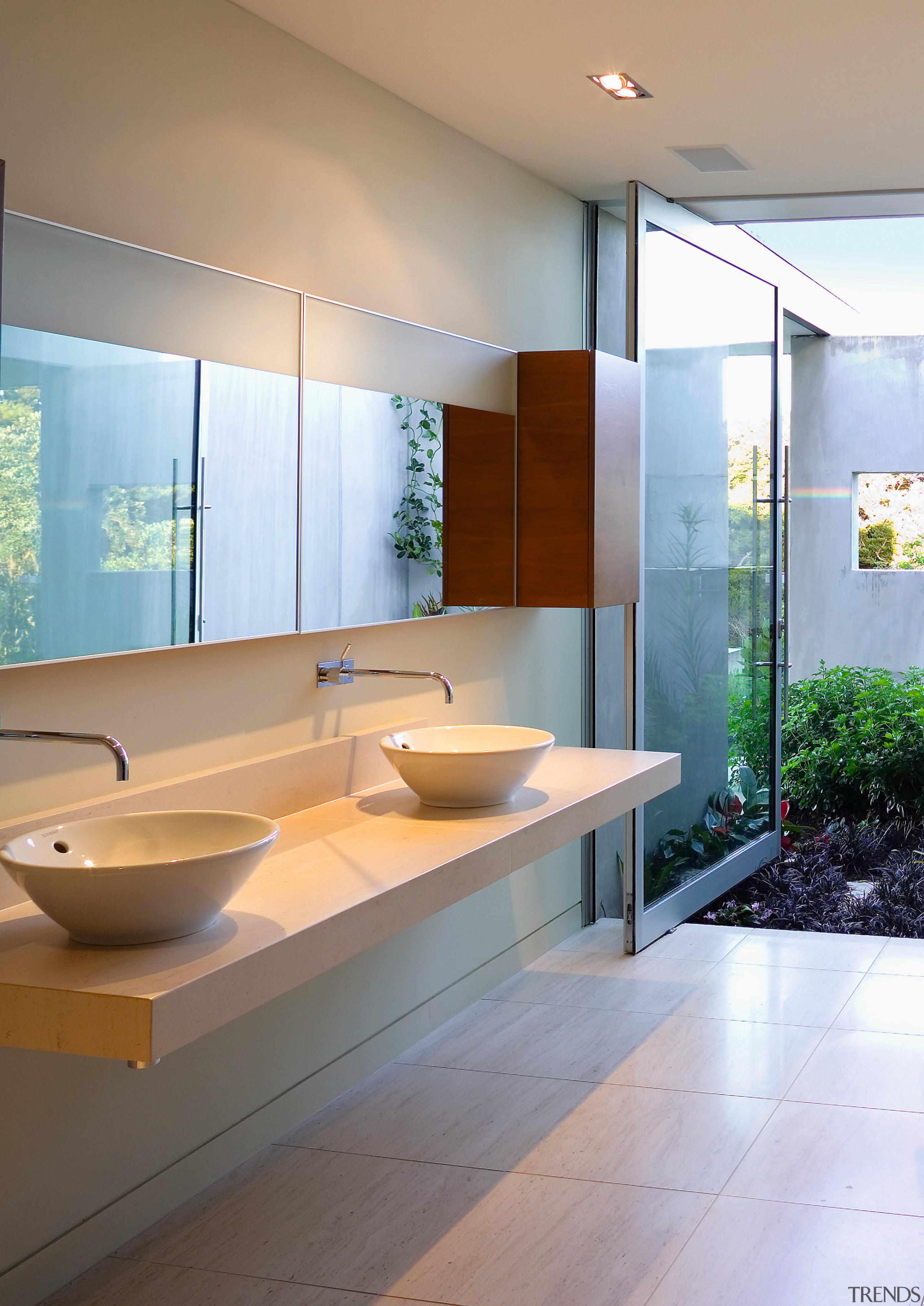 The cantilevered bench vanity and clean simple lines architecture, bathroom, ceiling, floor, flooring, interior design, product design, room, sink, tile, gray