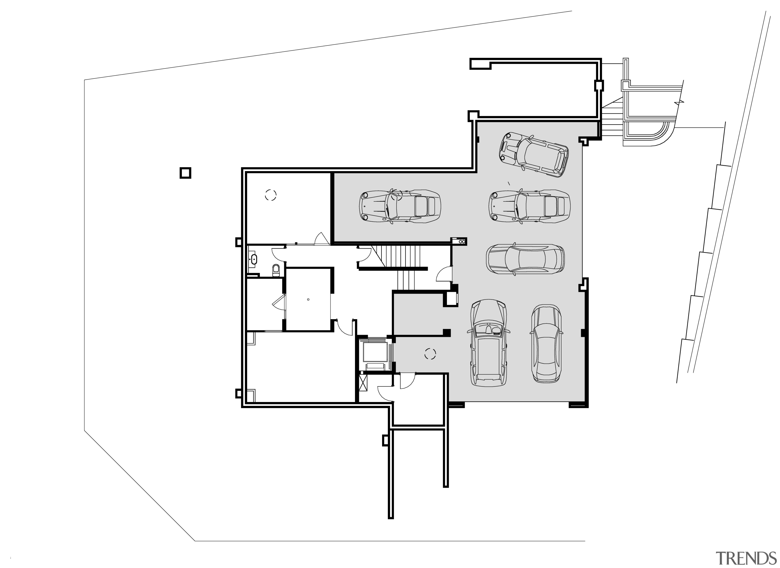 Basement level in this architectural home by house angle, area, black and white, design, diagram, drawing, floor plan, font, line, plan, product, product design, text, white