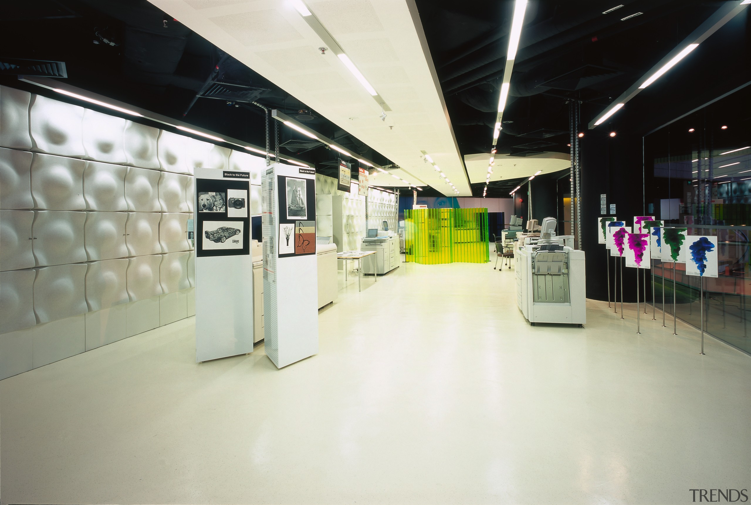 A view of the different materials used through ceiling, exhibition, interior design, white, black