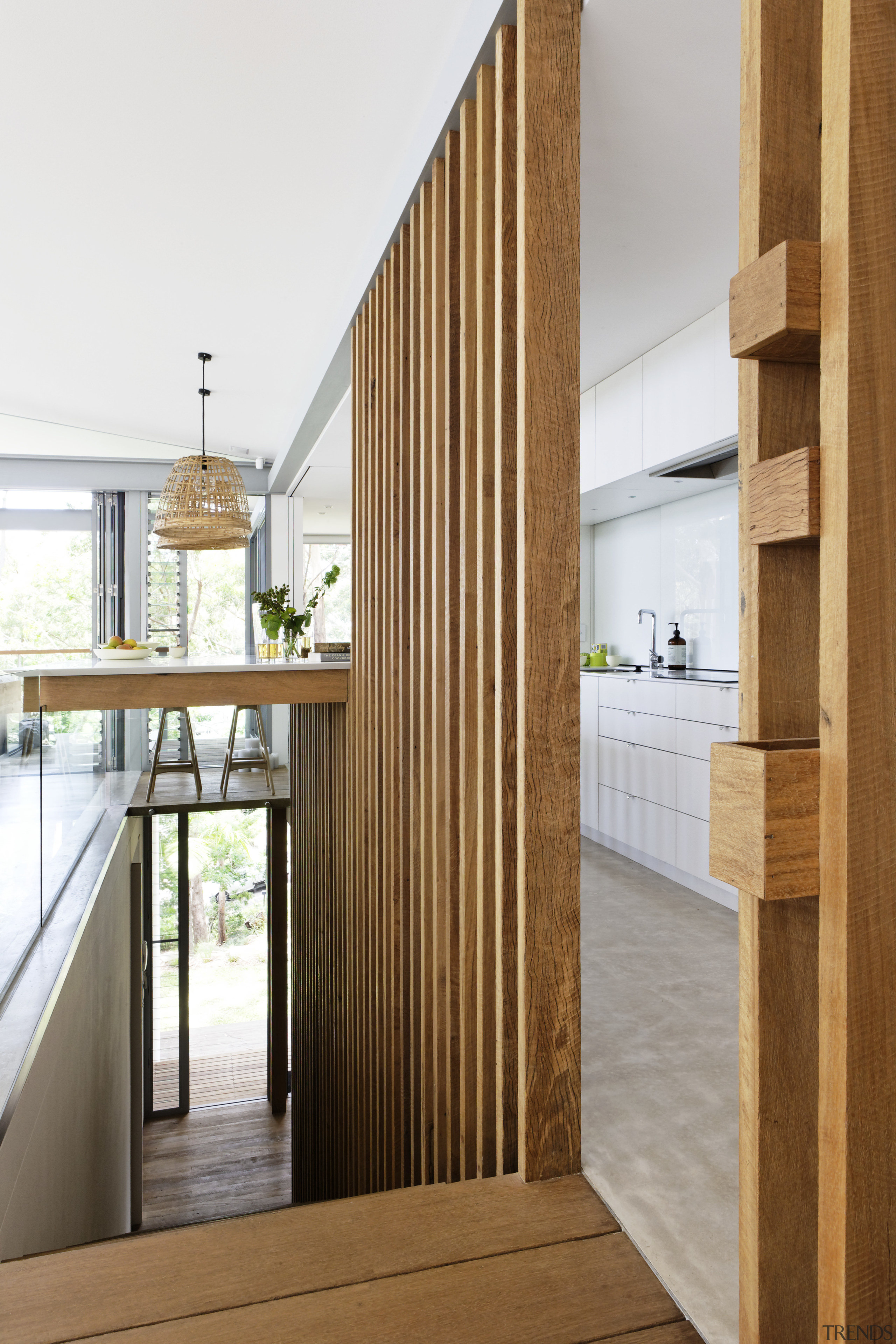 Long timber slats form the primary design element architecture, floor, home, house, interior design, wood, white, brown