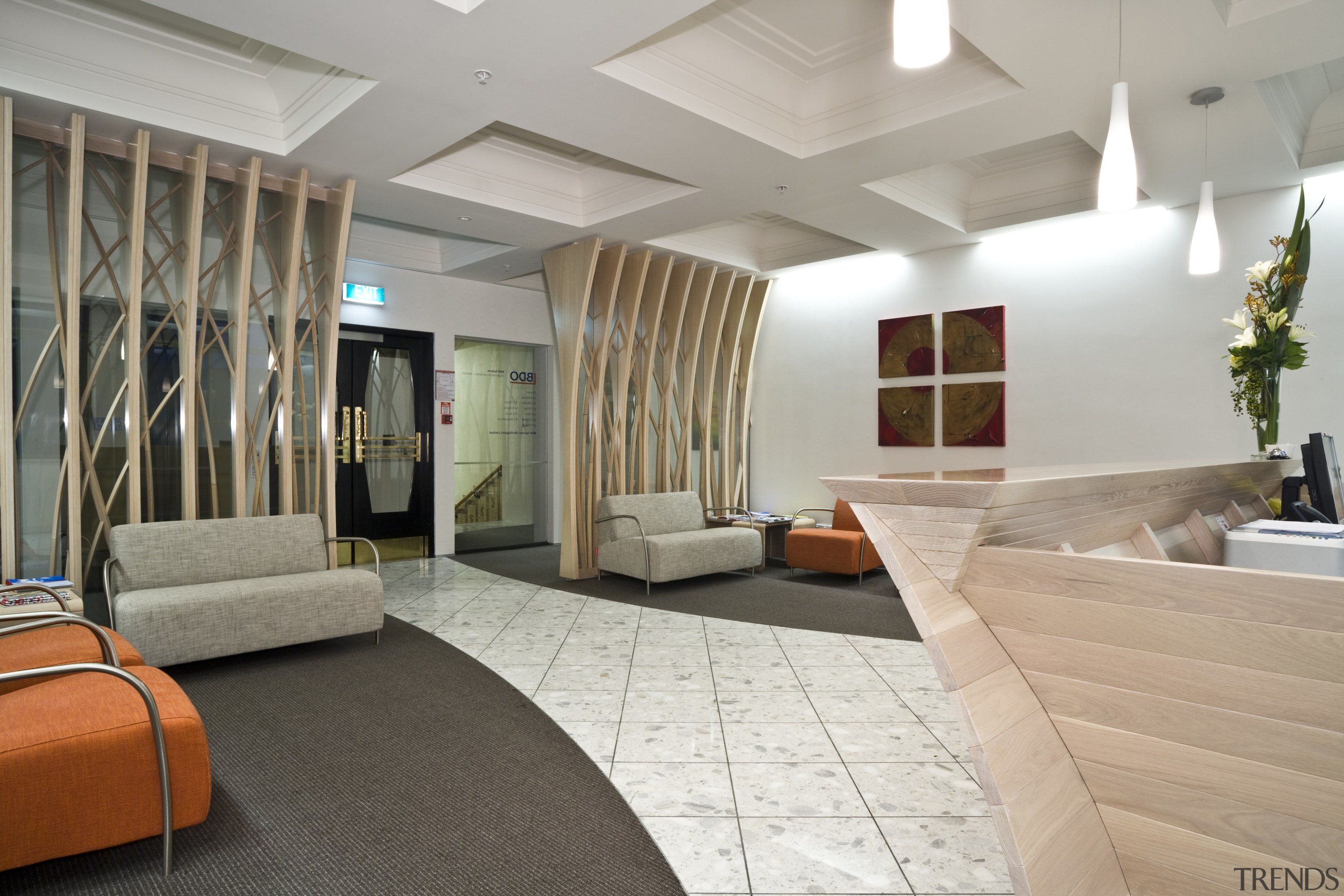 View of the main entrance area which features ceiling, floor, flooring, interior design, living room, lobby, real estate, room, gray