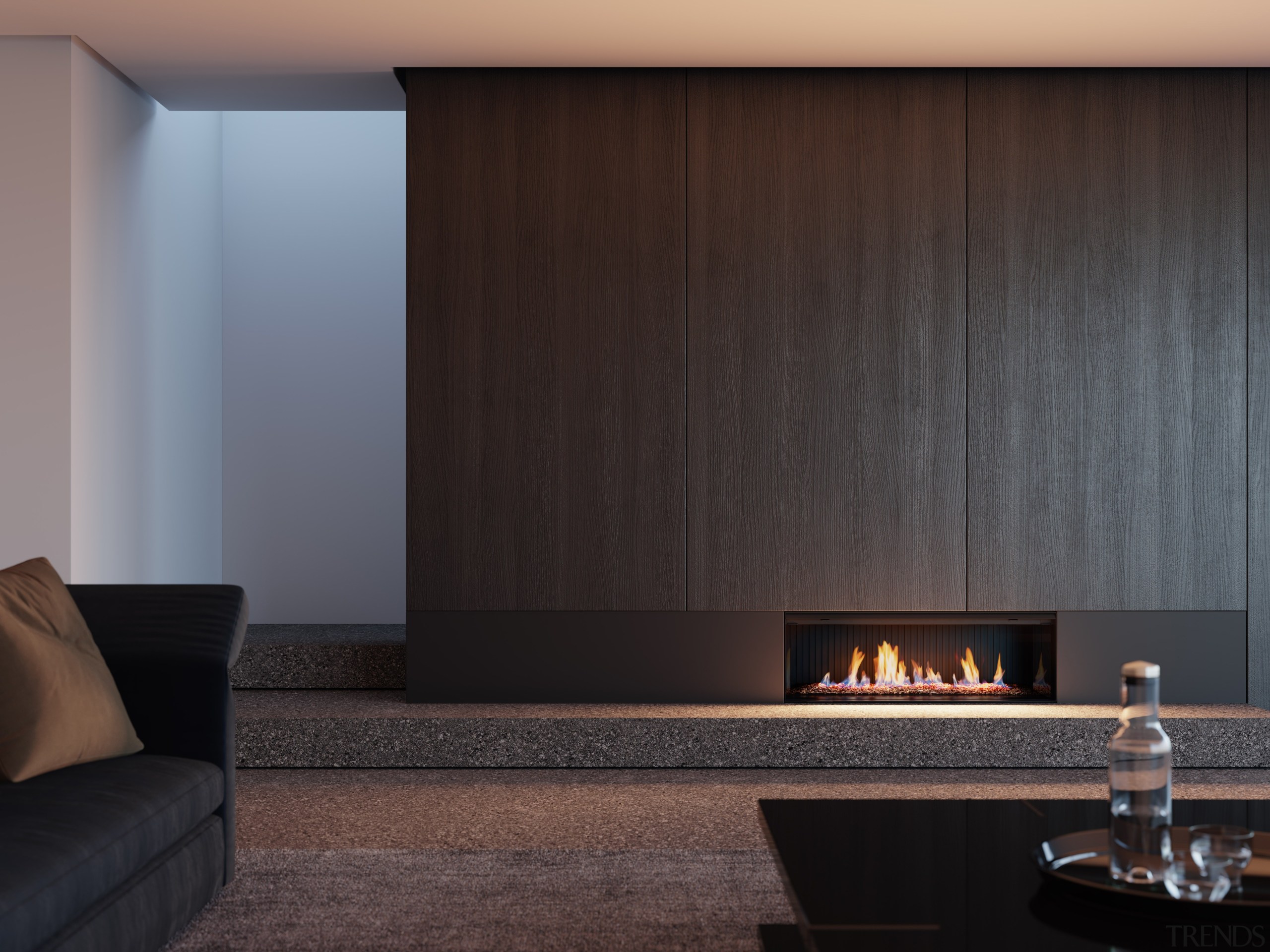 The Rinnai Linear fire offers a naturalistic ambience building, fireplace, floor, flooring, furniture, hardwood, hearth, heat, house, interior design, living room, property, room, wall, wood, wood-burning stove, black, gray